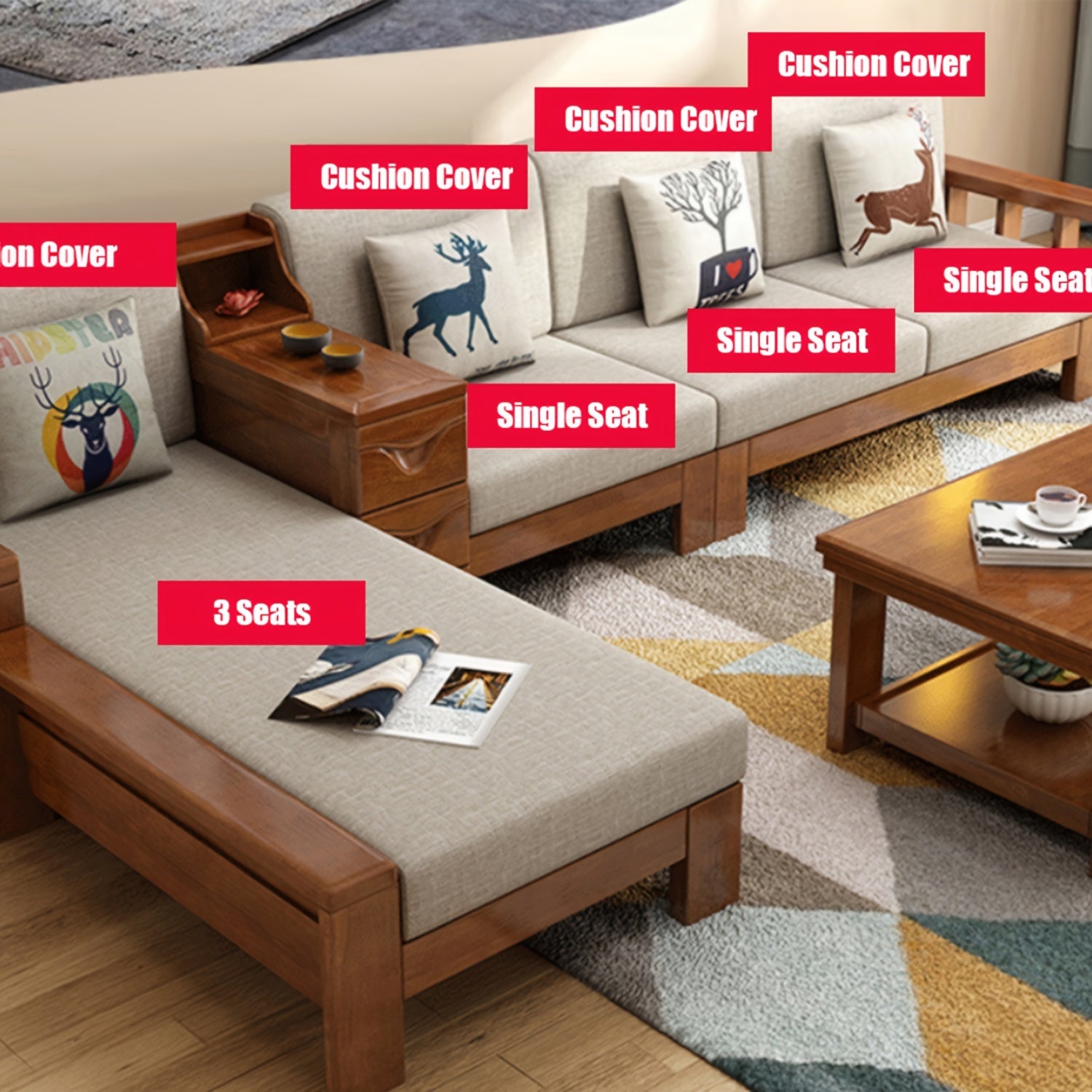 Stretchable Washable Polar Fleece Sofa Protector with Removable Jacquard Cushion Cover