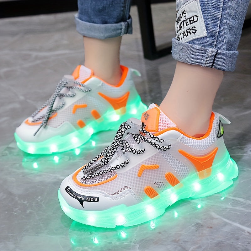 Kids LED Light-Up Sneakers Breathable Mesh Non-Slip Soft Sole for Boys Girls Toddler Children in White Blue Orange