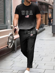 Men's Short-Sleeve Set Black and White Gradient 3D Print Polyester Casual