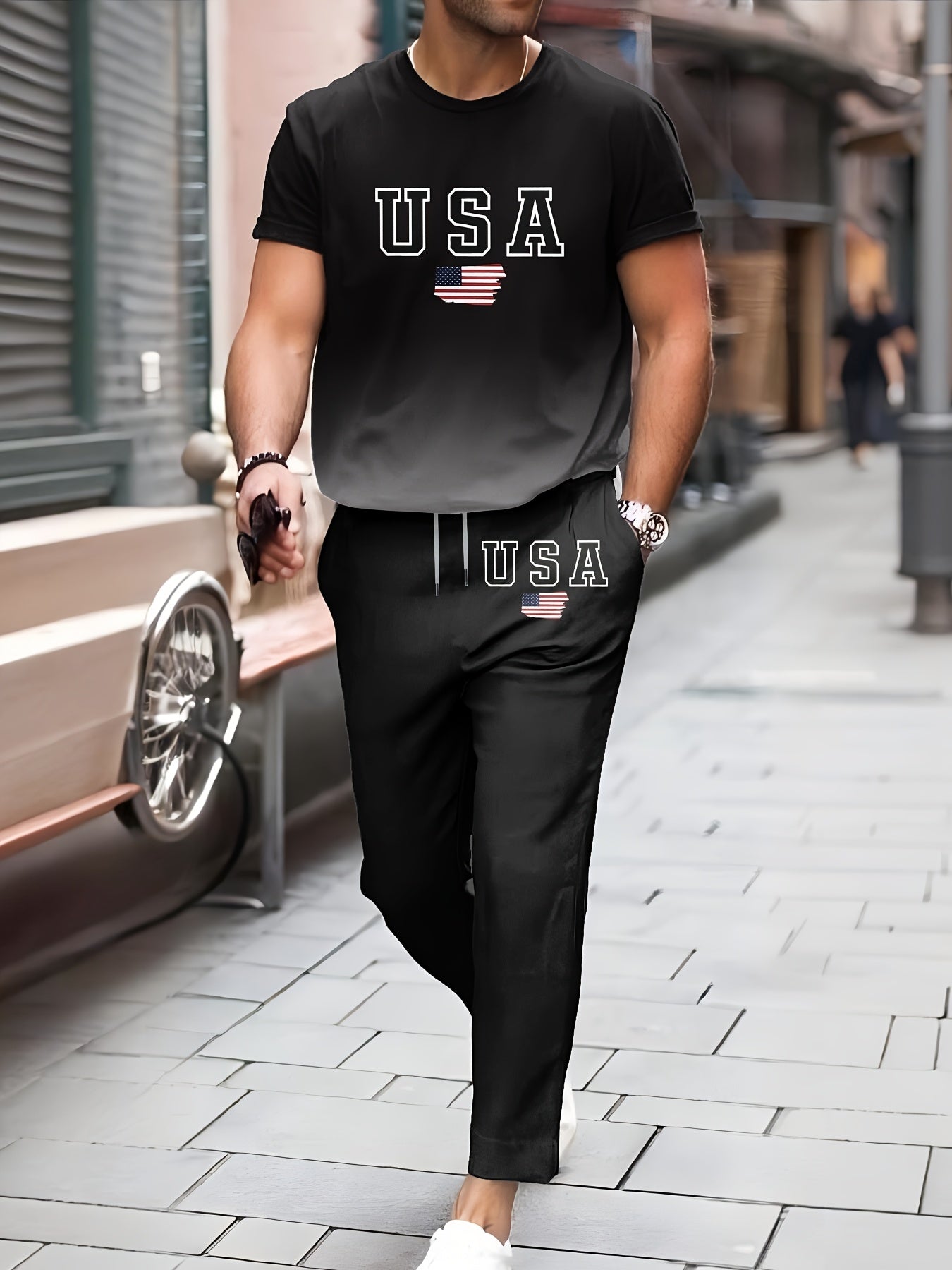 Men's Short-Sleeve Set Black and White Gradient 3D Print Polyester Casual