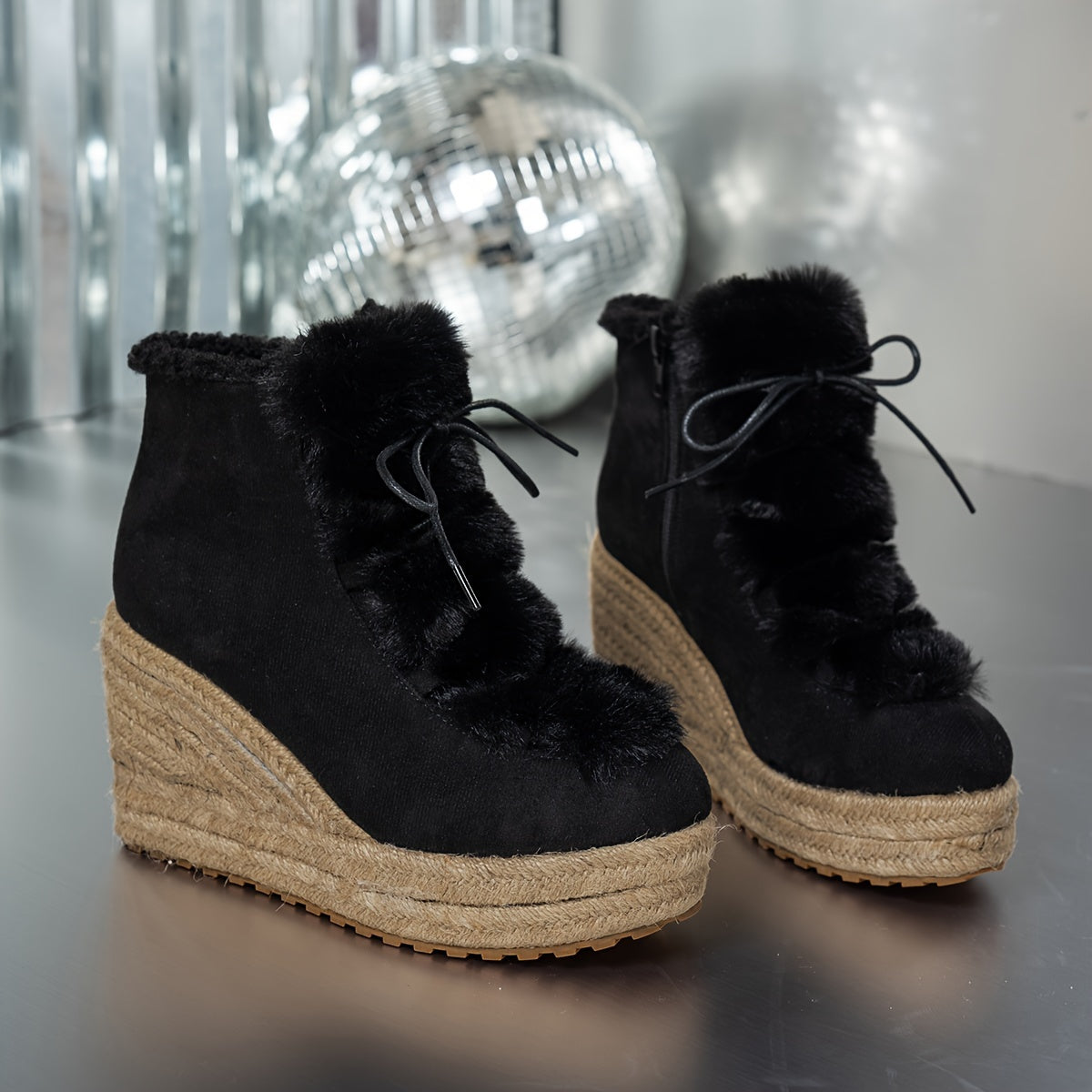 Women's Winter Casual Wedge Boots with Faux Fur Collar and Jute Rope