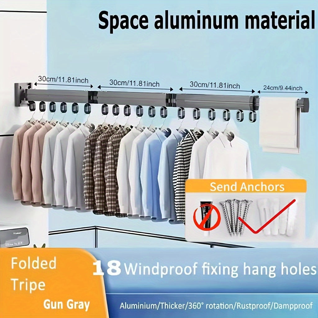 Wall-Mounted Folding Clothes Rack with Telescopic Drying Rod Space-Saving Clothes Dryer with Hooks