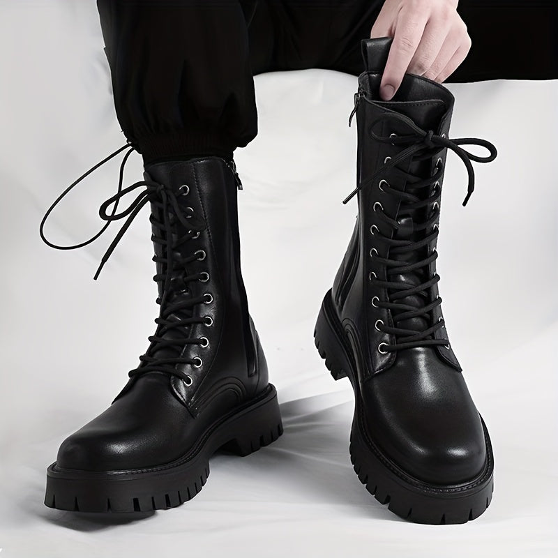 Botas altas de cuero para hombre con cremallera y cordones, casual, para todas las estaciones, suela de goma