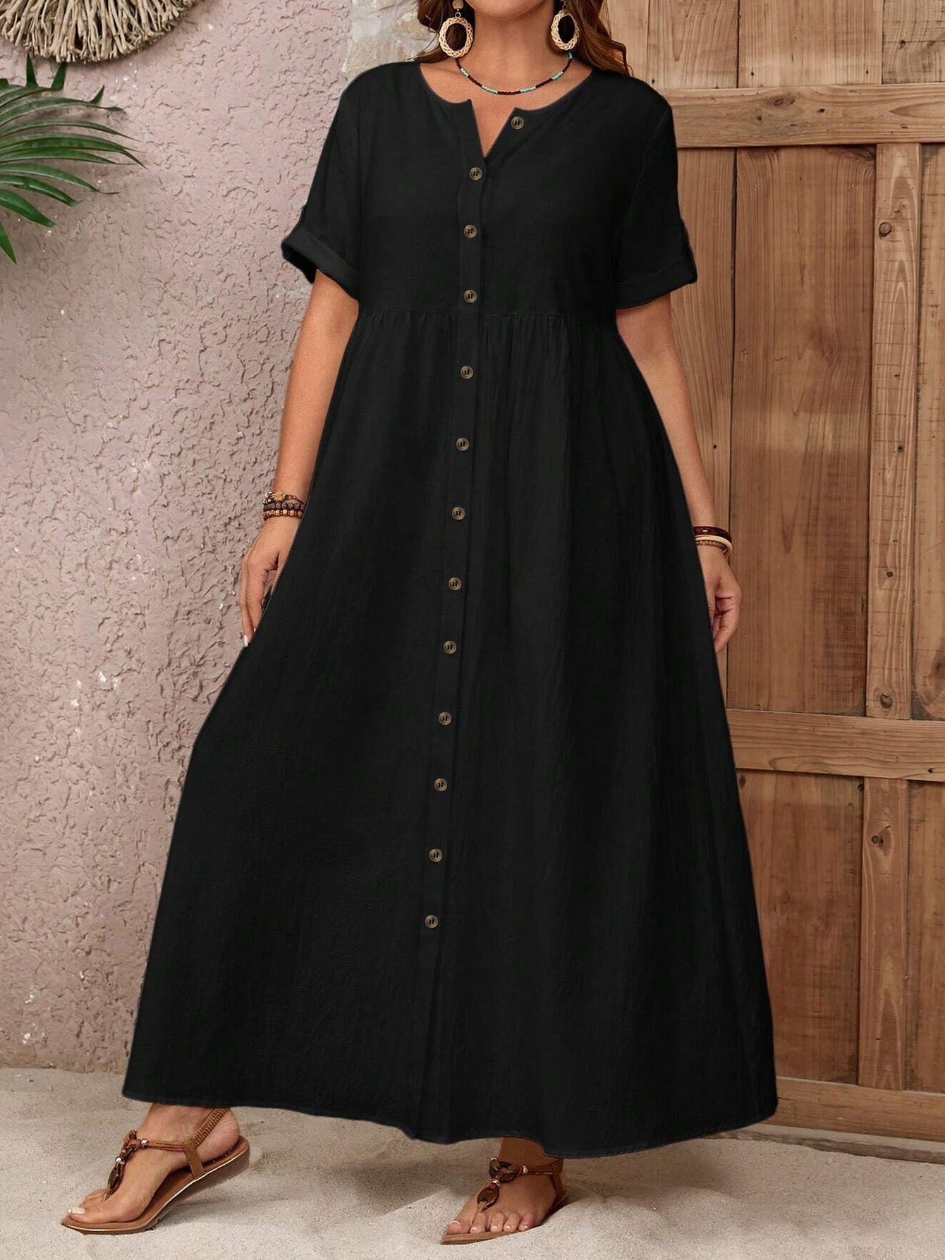 Plus Size Women's Polyester Casual Dress with Pockets Crew Neck Short Sleeves