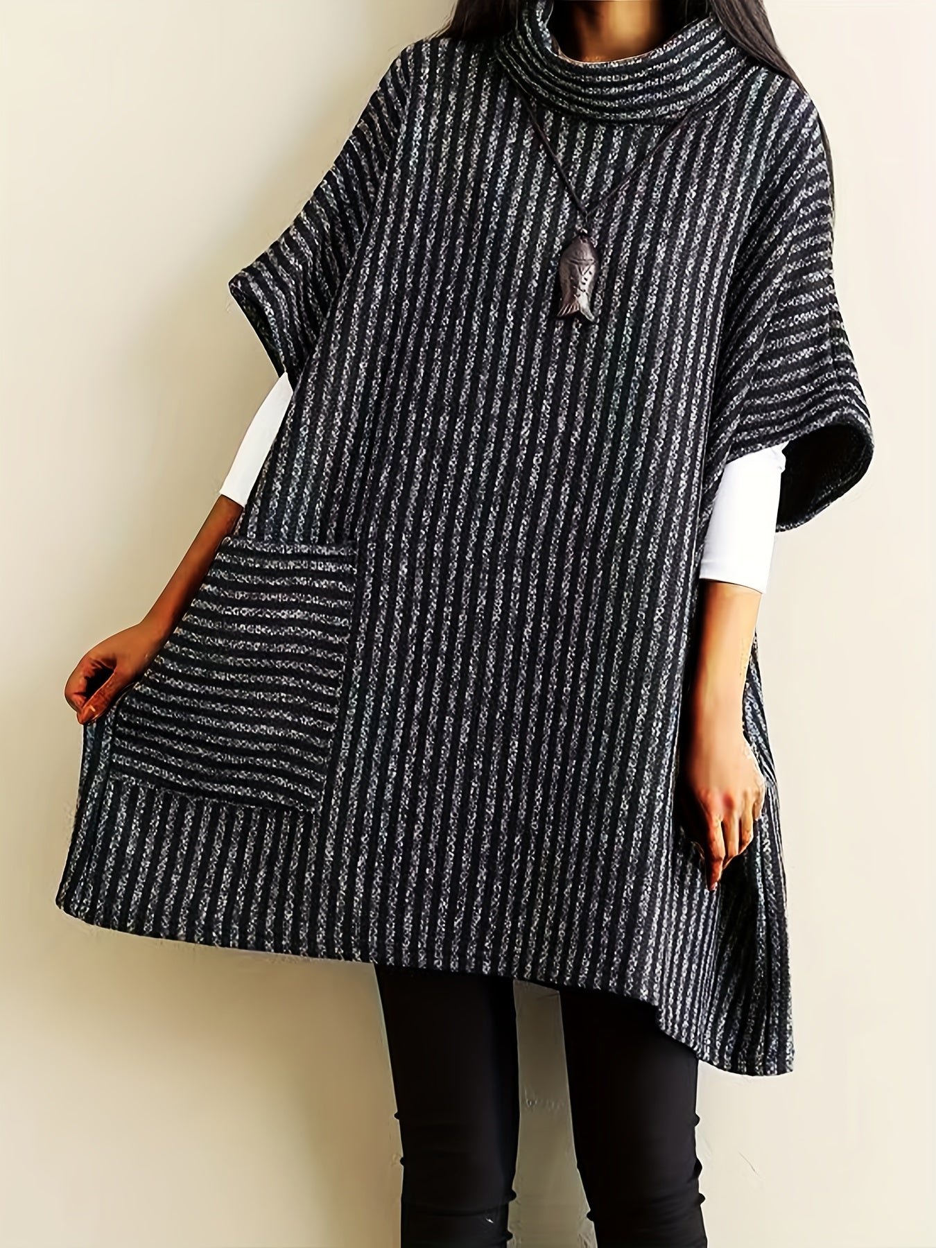 Plus Size Women's Striped High Neck Sweater Casual Pullover with Pockets