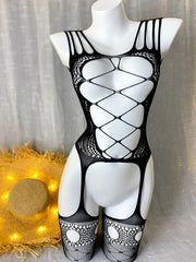 Women's Black and White Lace Bodysuit with Hollow-Out Design and Open Crotch for Festivals and Beachwear