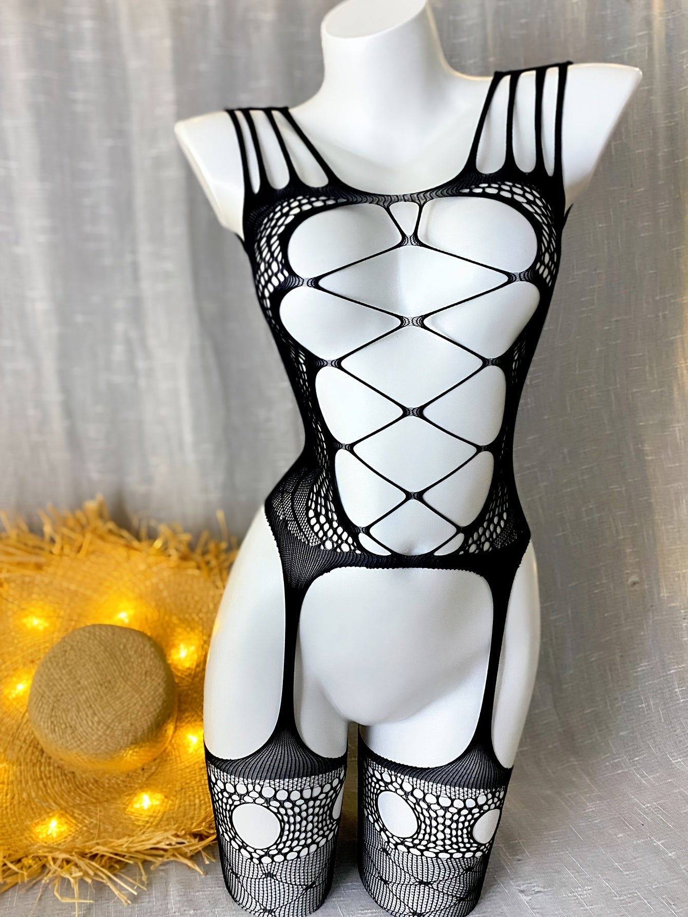 Women's Black and White Lace Bodysuit with Hollow-Out Design and Open Crotch for Festivals and Beachwear