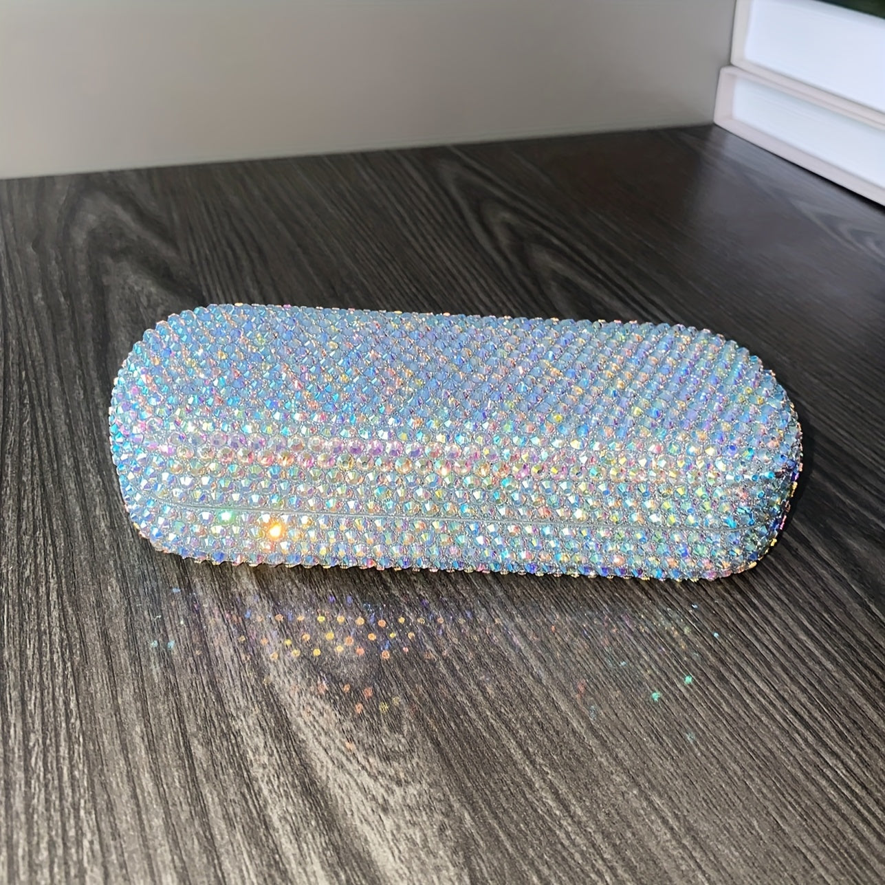 Faux Leather Eyewear Case with Sparkling Diamond Detailing and Square Design for Women
