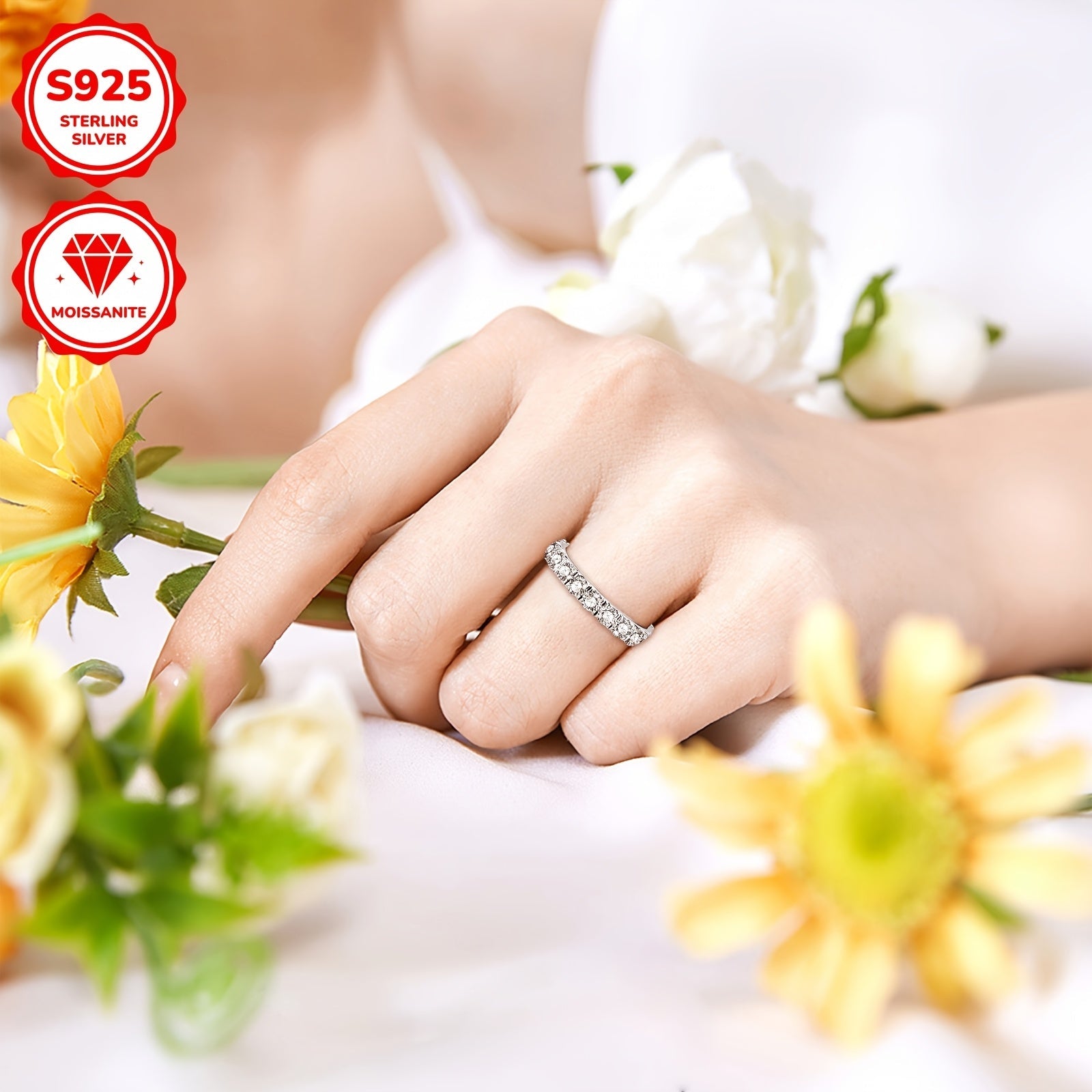 Sterling Silver Engagement Ring with Moissanite Stones and 18K Gold Plating