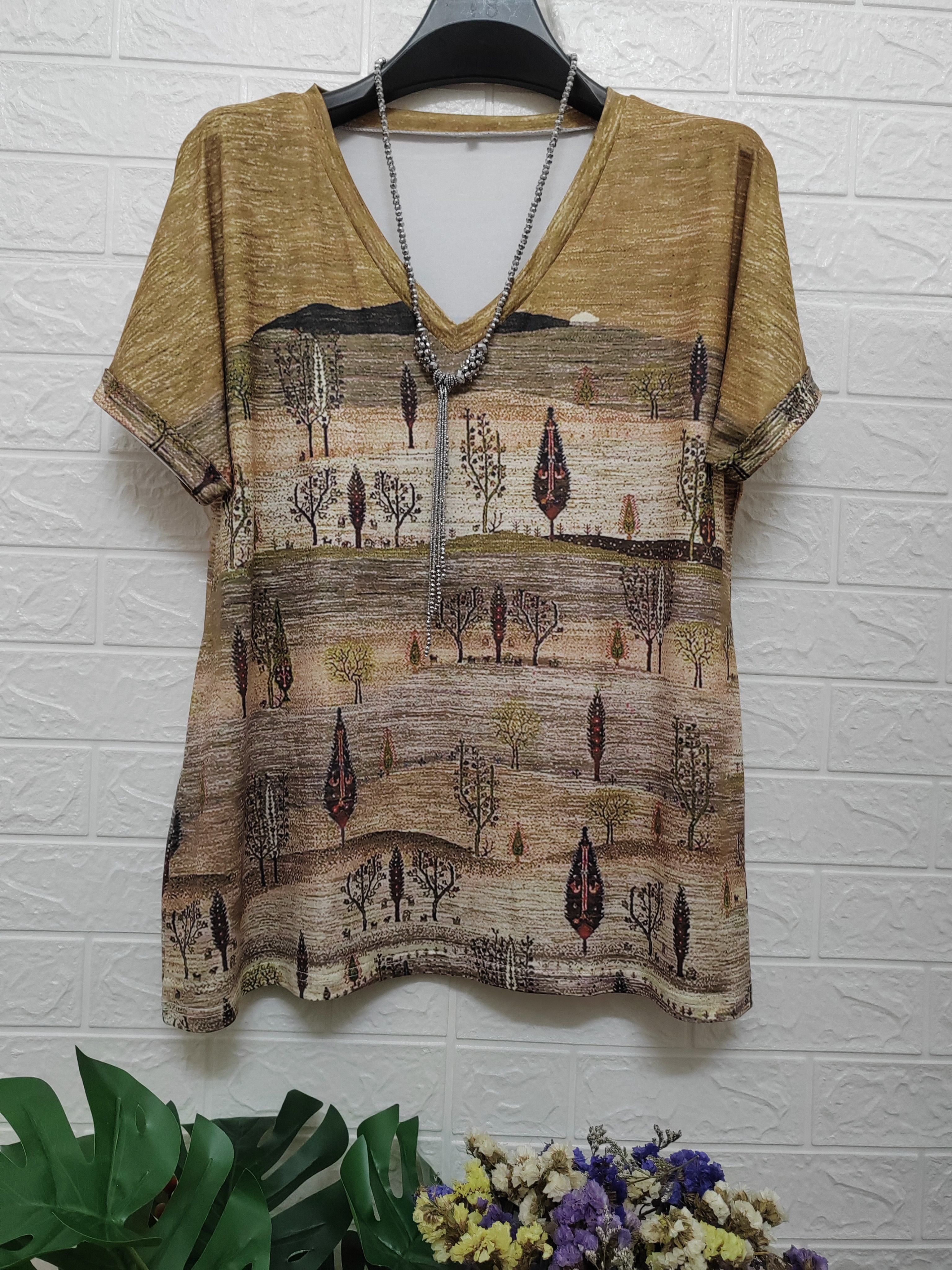 Туника большого размера в стиле бохо-шик с V-образным вырезом для женщин, этнический принт, летняя повседневная трикотажная майка из полиэстера и спандекса