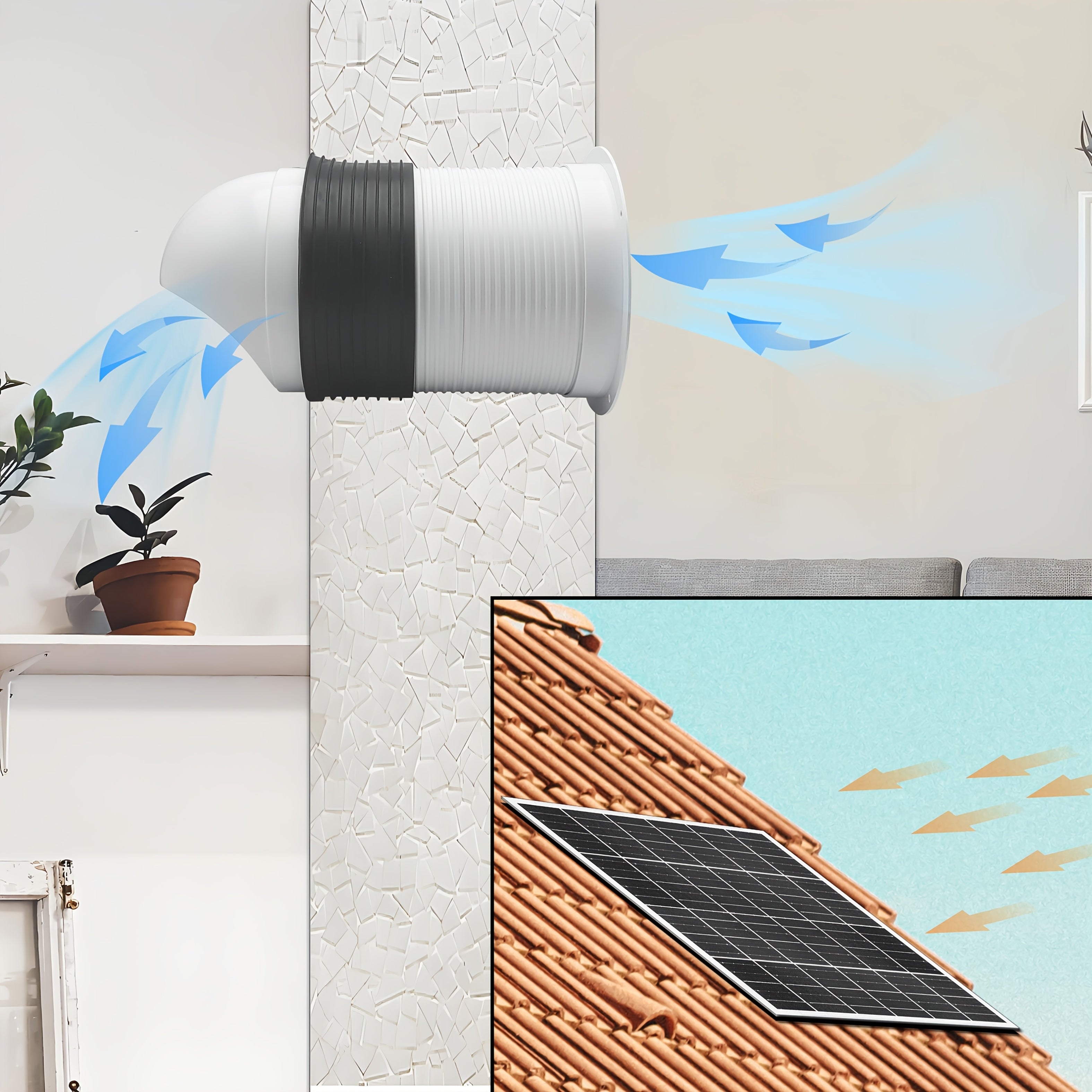 Solar Ventilation Fan Kit 15W Solar Panel with Removable Pipes for Home Exhaust