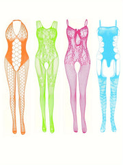 Plus Size Fishnet Bodysuit with Colorful Beach Jumpsuit and Lingerie Bodystocking