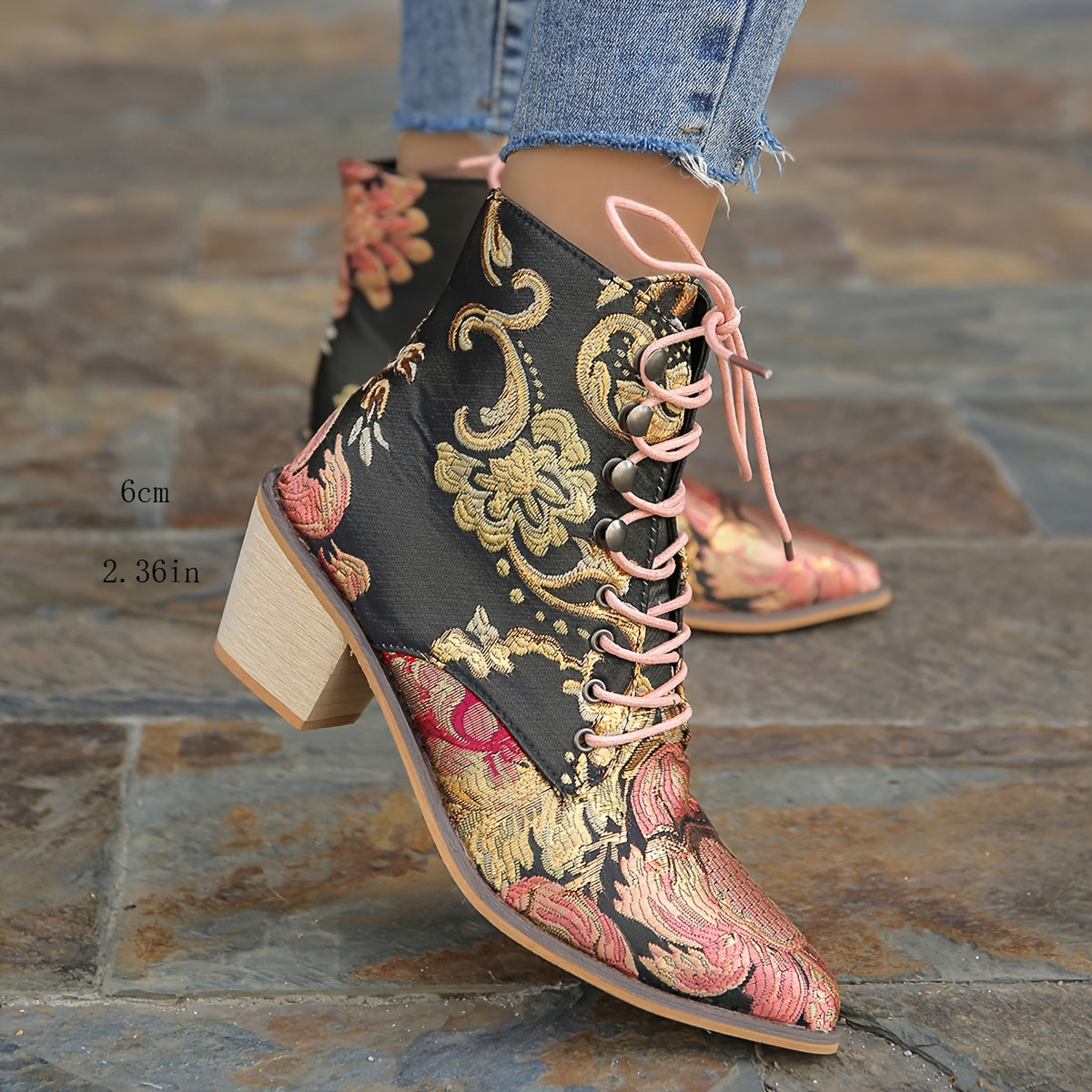Women's Vintage Floral Leather Boots, Lace Up Chunky Heel Western Cowboy Shoes
