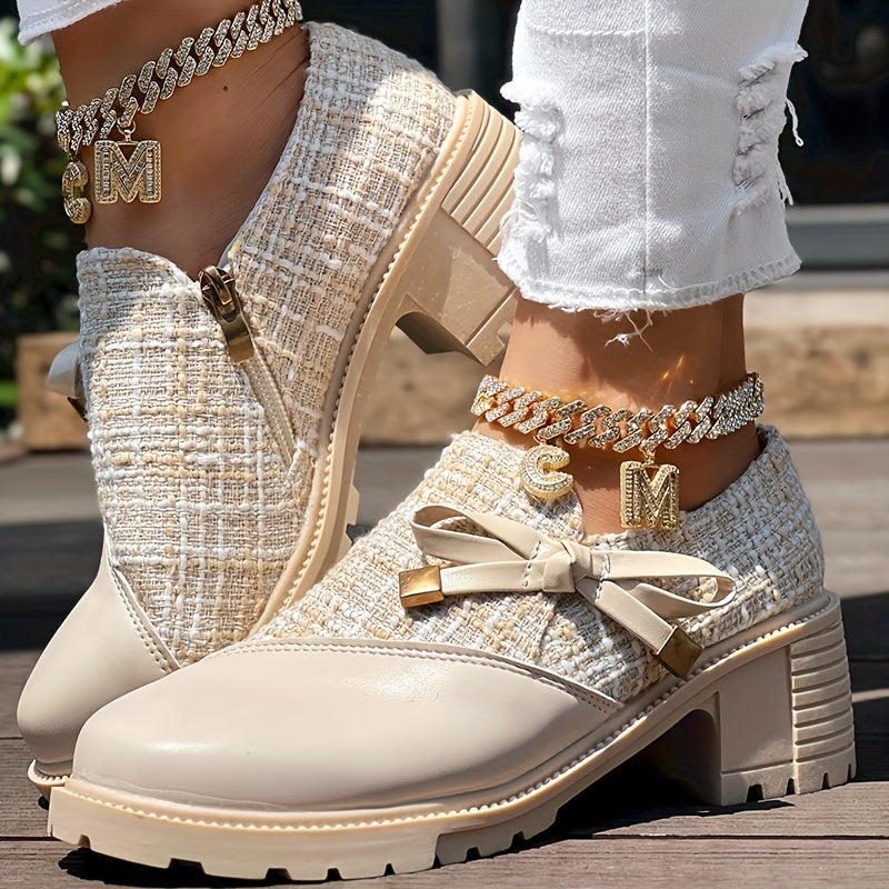 Women's Colorblock Dress Shoes with Bowknot Zipper Chunky Heel