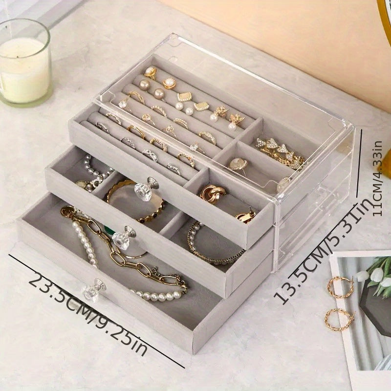Acrylic Jewelry Organizer with 3-Layer Drawer for Earrings Rings Necklaces