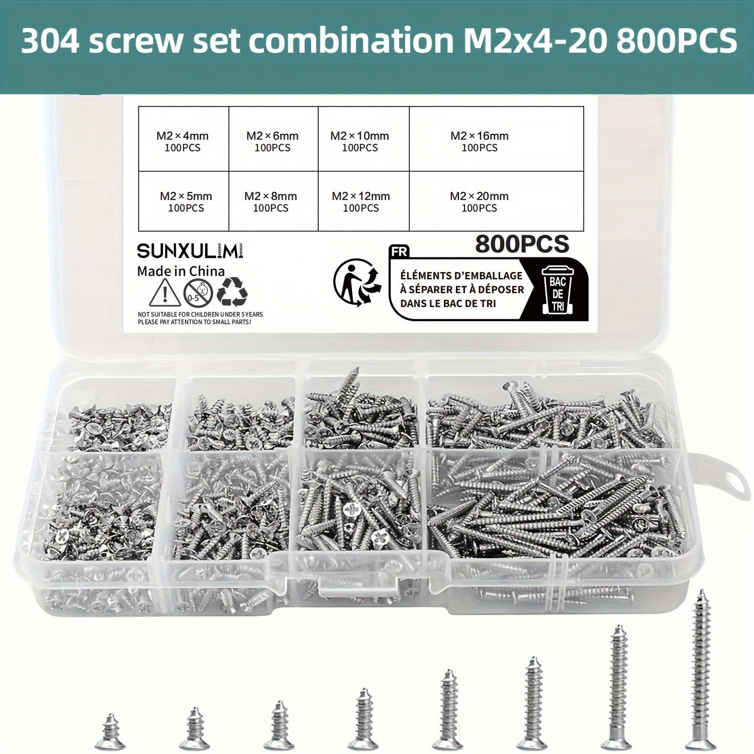 800pcs Self-Tapping Wood Screws Set, Nickel-Plated Carbon Steel, Assortment Kit
