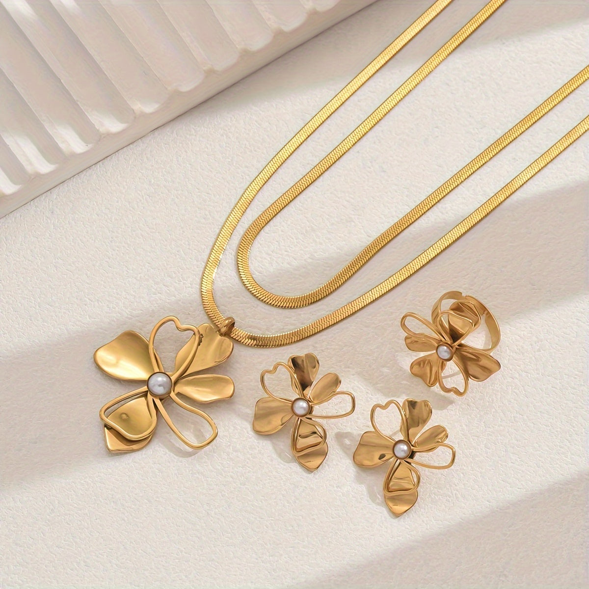 Set of Five Stainless Steel Jewelry Pieces with Double-Layer Snake Bone Chains Imitation Pearl Flower Accents