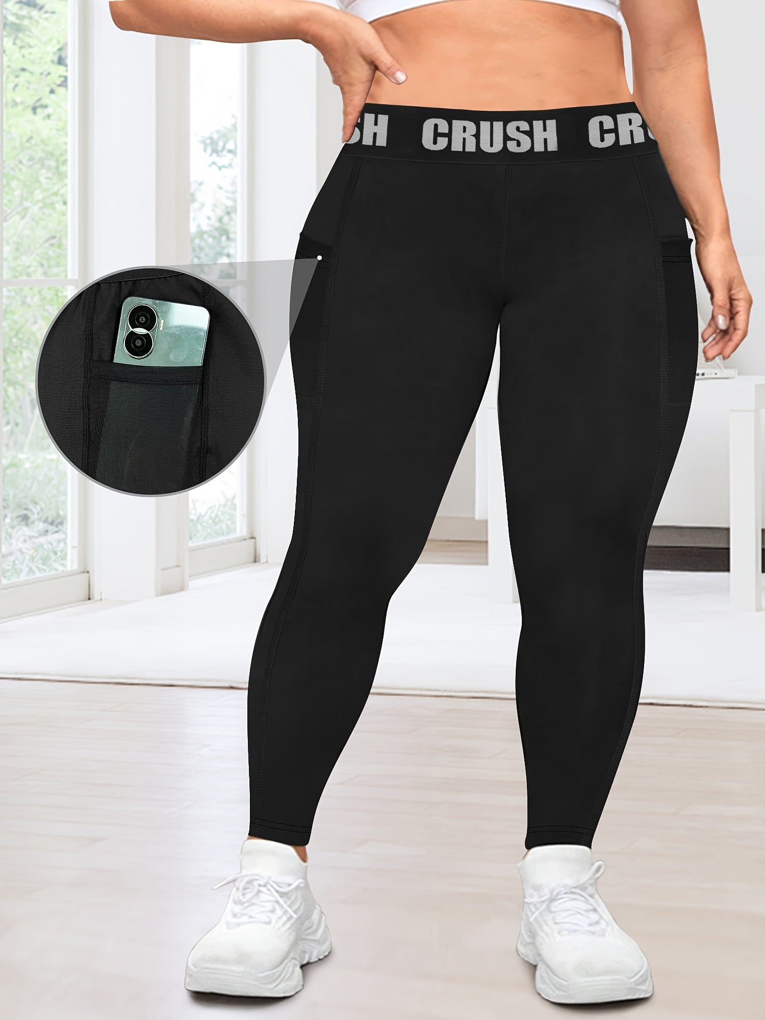 Leggings cortos de cintura alta para mujer con estampado "CRUSH" transpirable en blanco