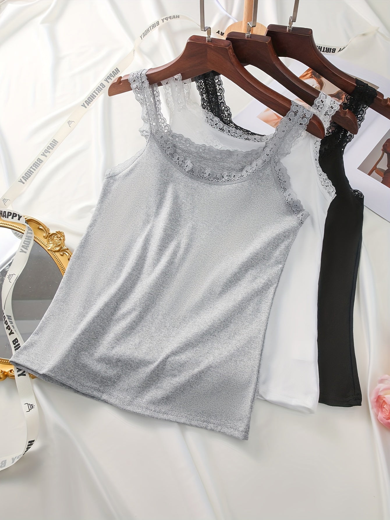 Women's Plus Size Lace Camisoles Set Slim Fit Stretchy Vests Solid Color Layering Tops