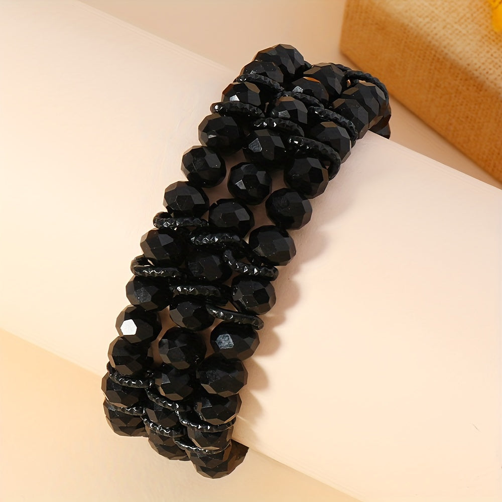 Women’s Black Beaded Boho Stretch Bracelet Aluminum Alloy Crystal Jewelry