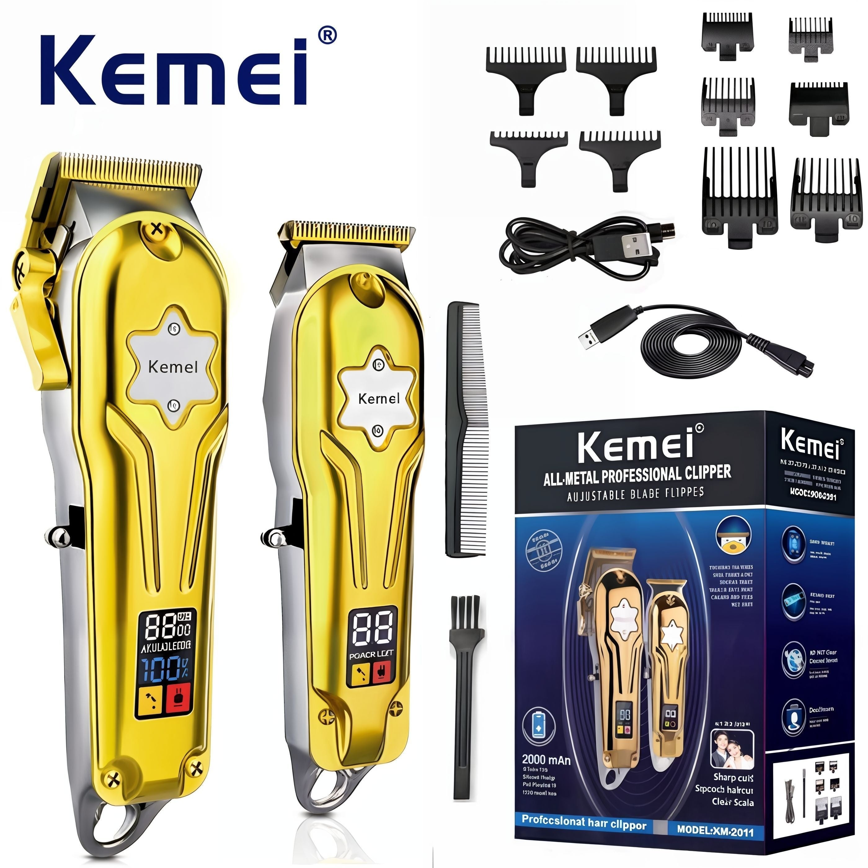 Professional Hair Clippers KM-2011 Series USB Rechargeable Lithium Battery Metal Body Accessories