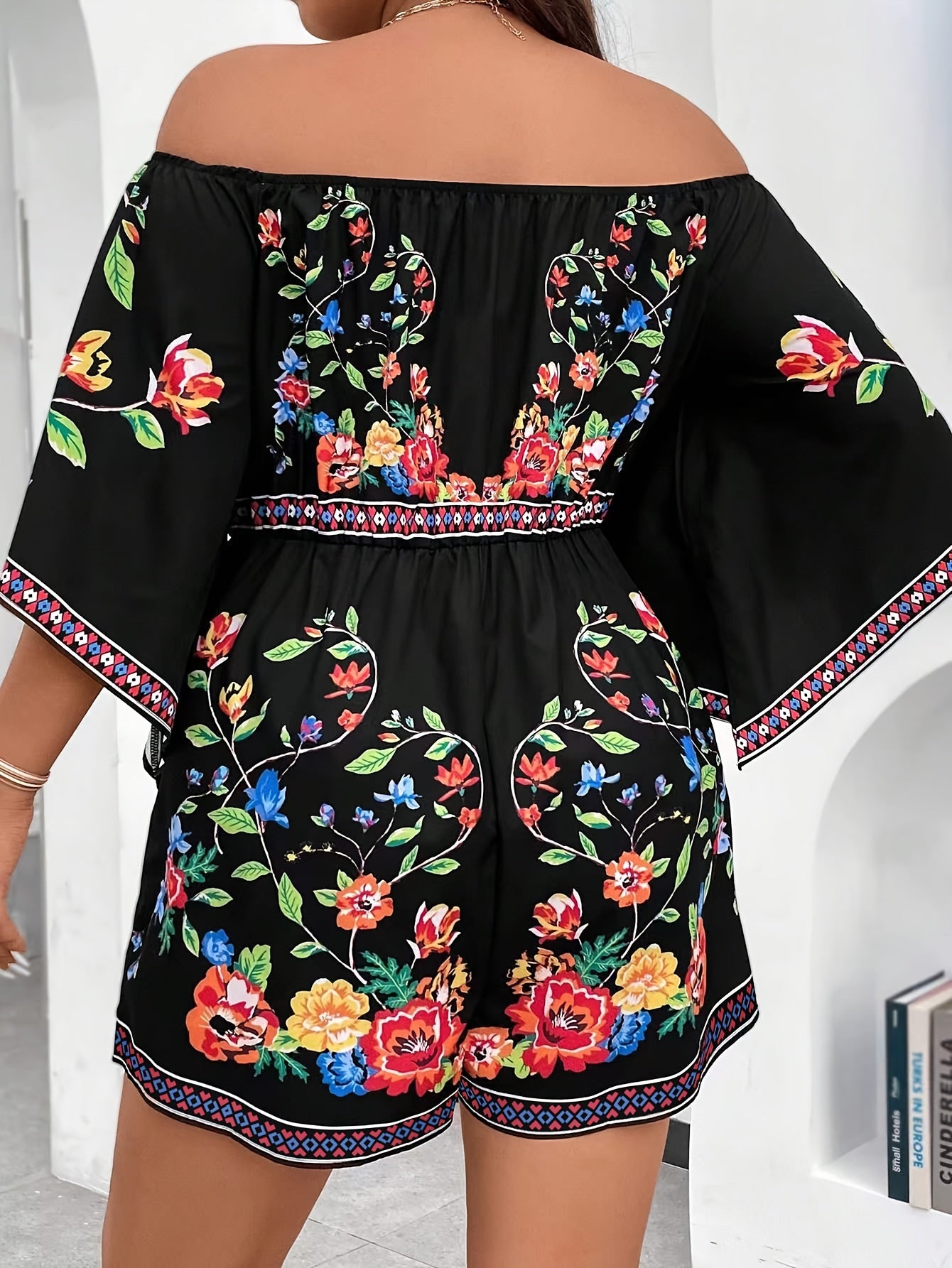 Plus Size Floral Print Off Shoulder Romper for Summer Vacation Women