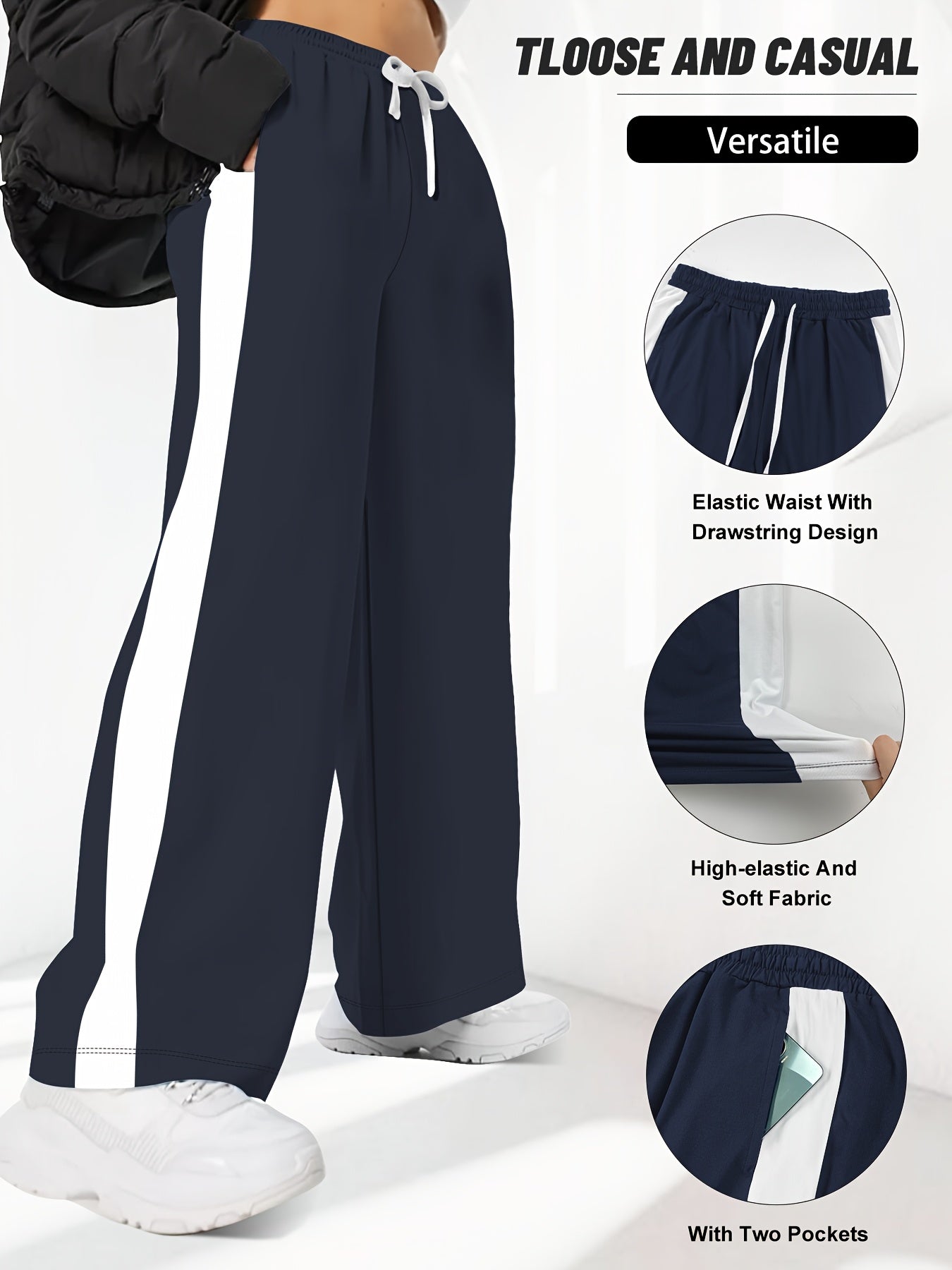 Women Wide Leg Pants Black and White Striped High-Waisted Drawstring