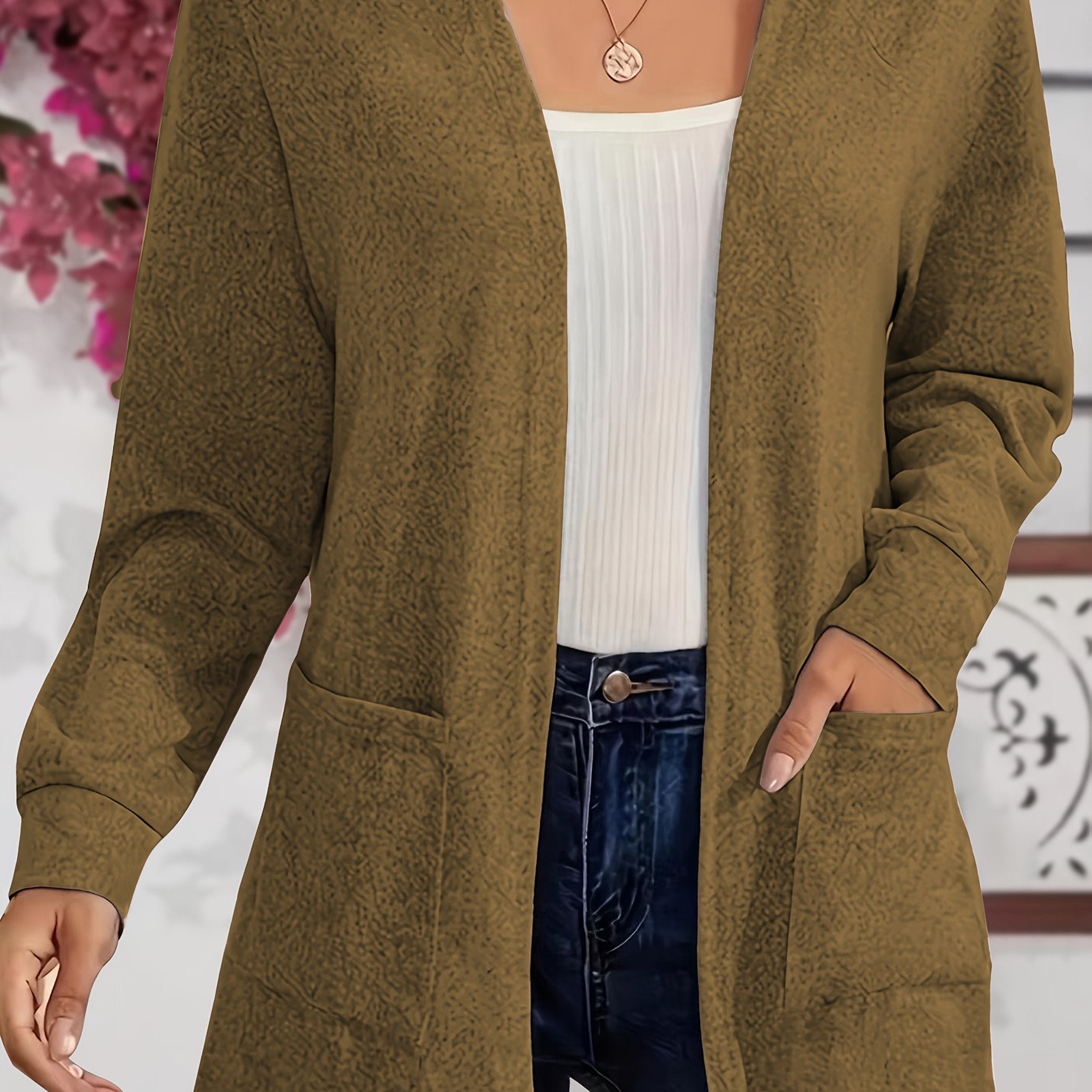 Plus Size Women's Solid Color Long Sleeve Top With Pocket Casual Shirt