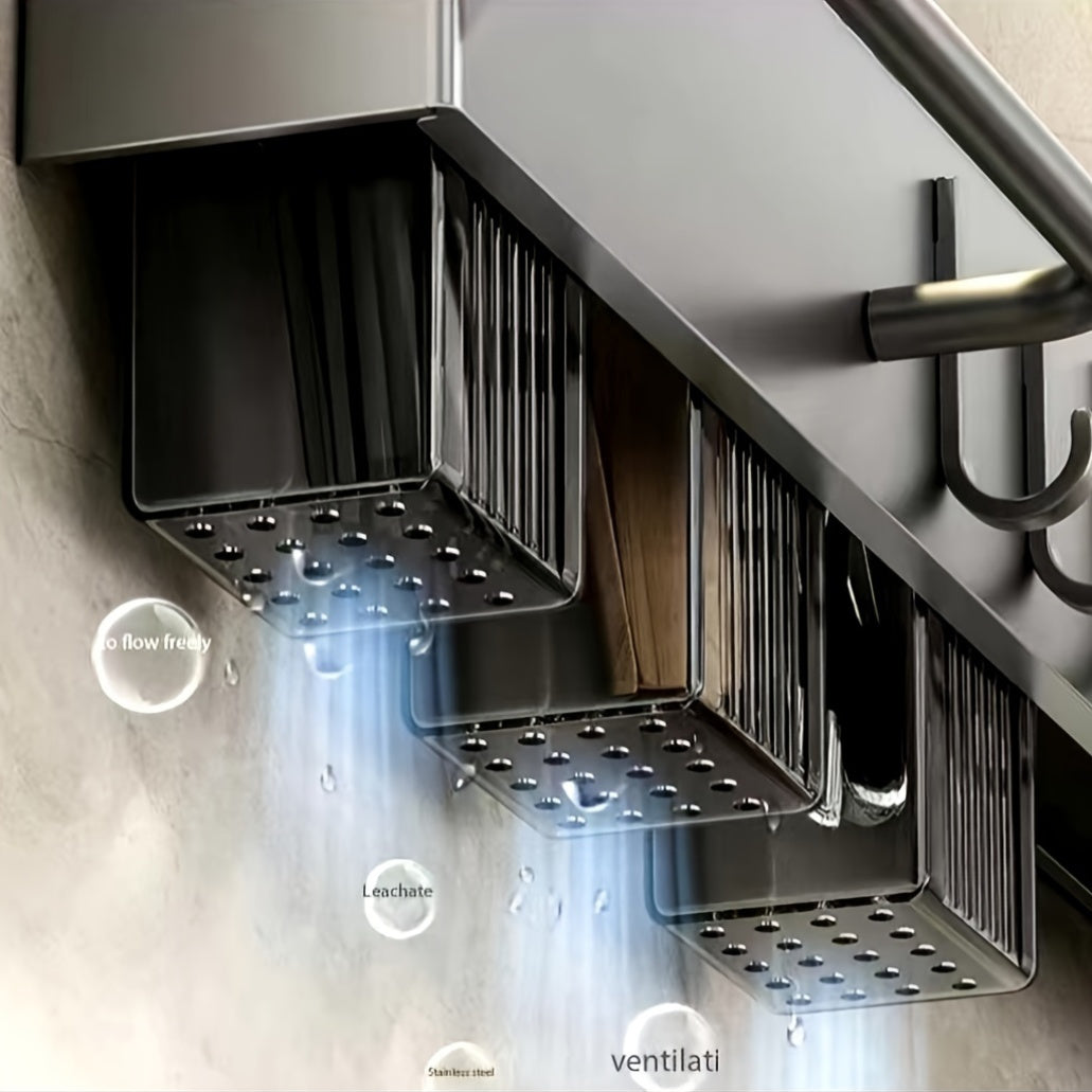 Carbon Steel Wall-Mounted Utensil Holder with Towel Bar and Drain Basket