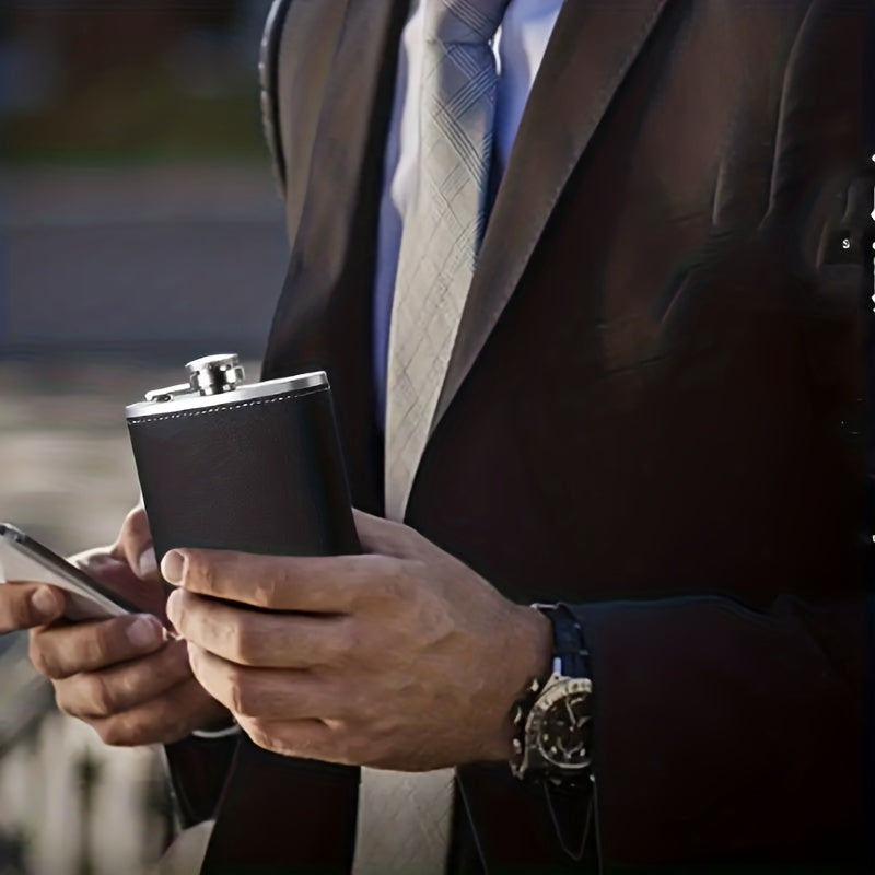 Black Leather Flask Gift Set 8oz and 30oz Stainless Steel with Cups and Chimney for Men and Women