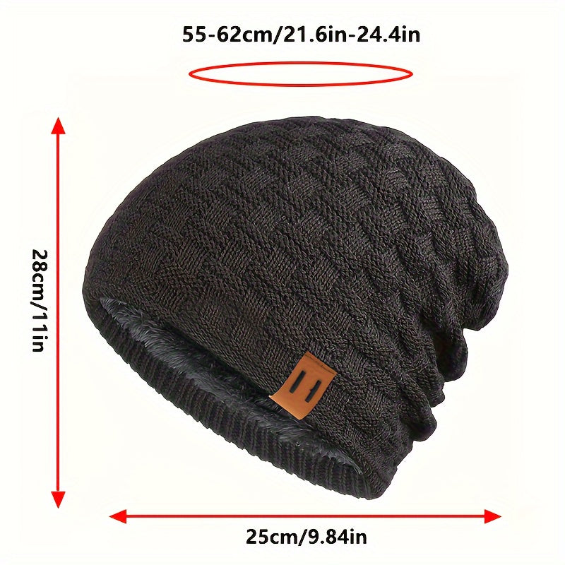 Erkaklar uchun to'qilgan beanie qish shlyapa, sun'iy charm patch, issiq, shamol o'tkazmaydigan, velosipedda yurish va piyoda sayohat uchun