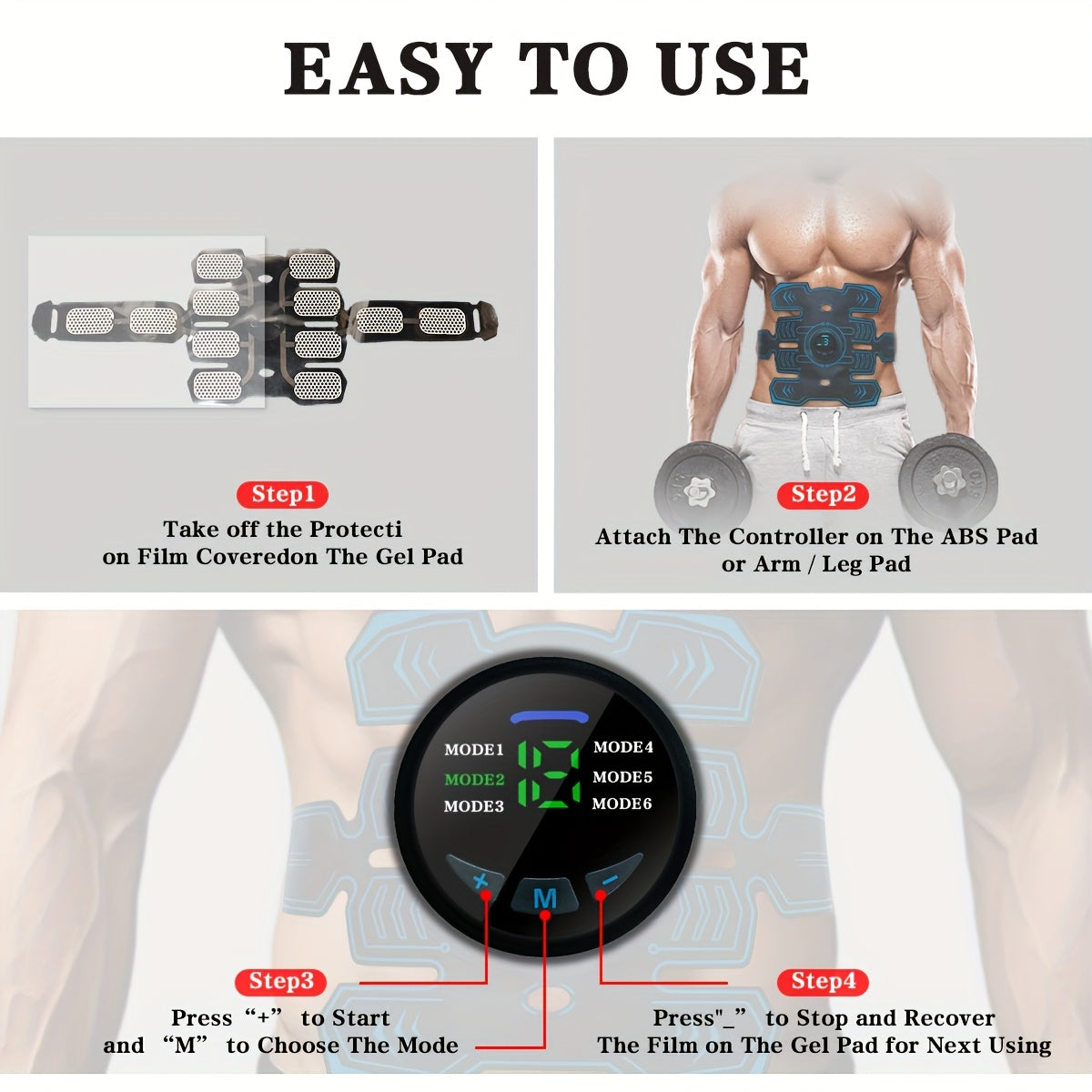 Пояс для спортивного массажа EMS, трехчастный комплект с TENS-стимулятором мышц, 6 режимов, 18 уровней интенсивности для живота, ног, рук