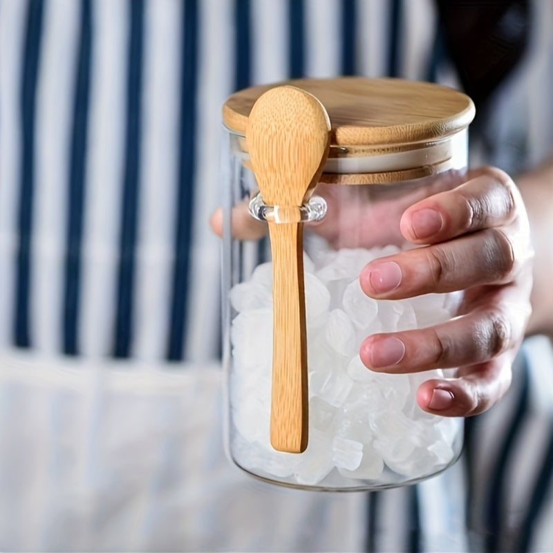 Glass Airtight Jars with Bamboo Lids and Wooden Spoons for Food Storage