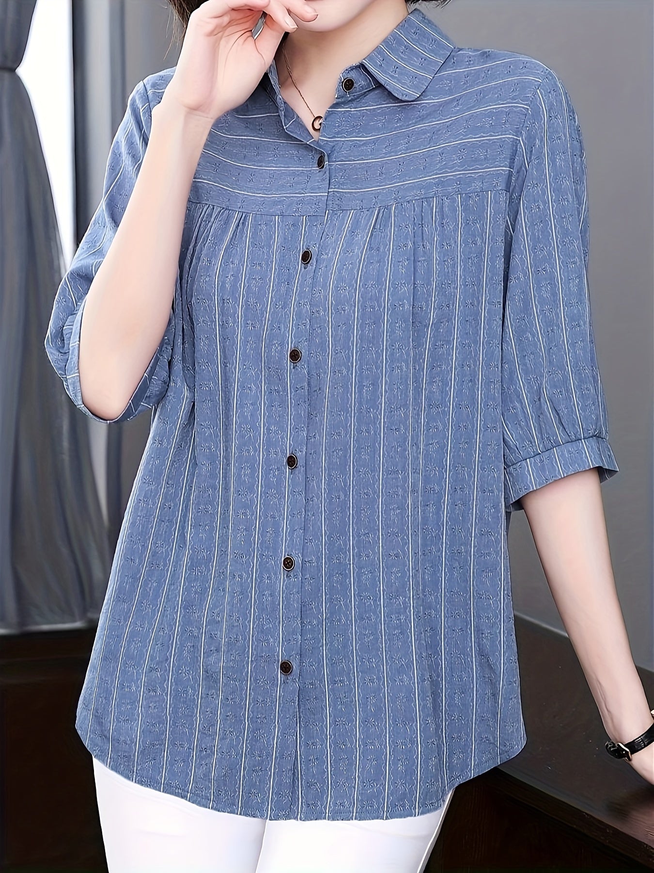 Women's Striped Cotton Shirt with Half Sleeves for Spring and Summer