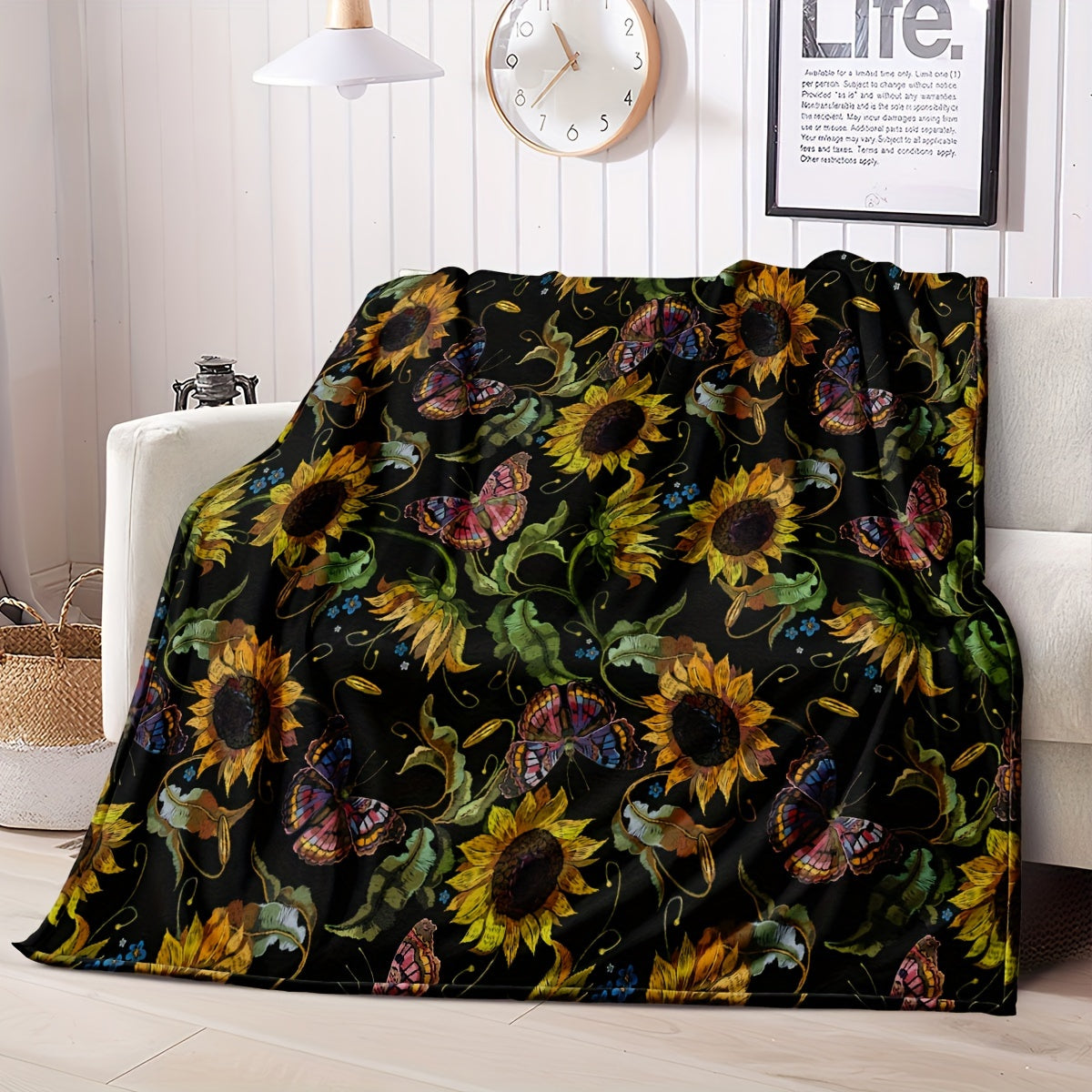 Sunflower Fleece Throw Blanket All-Season Floral Pattern Soft Warm Multi-Use 250-300g