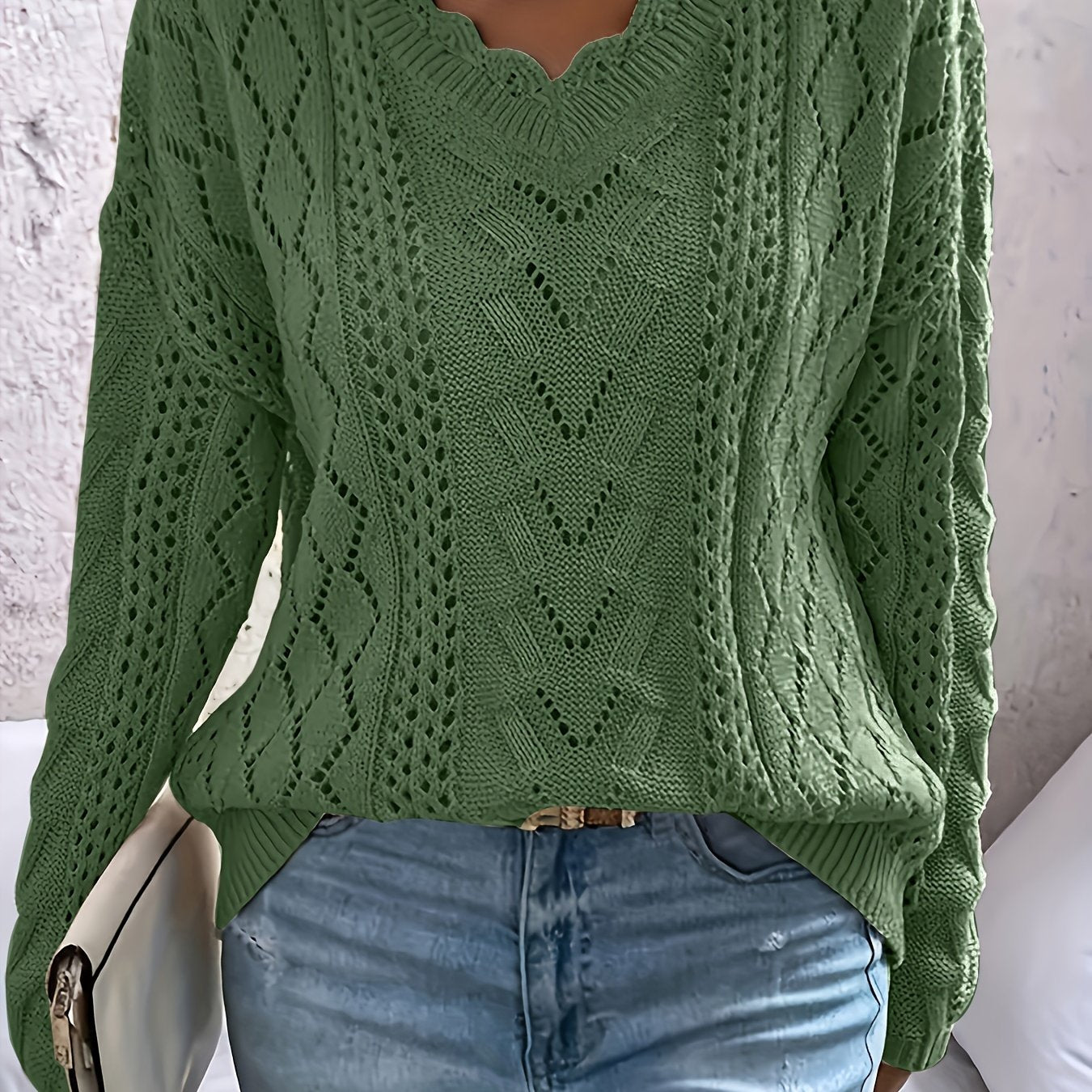 Women's Plus Size Sweater V-Neck Long Sleeve Floral Trim Jumper