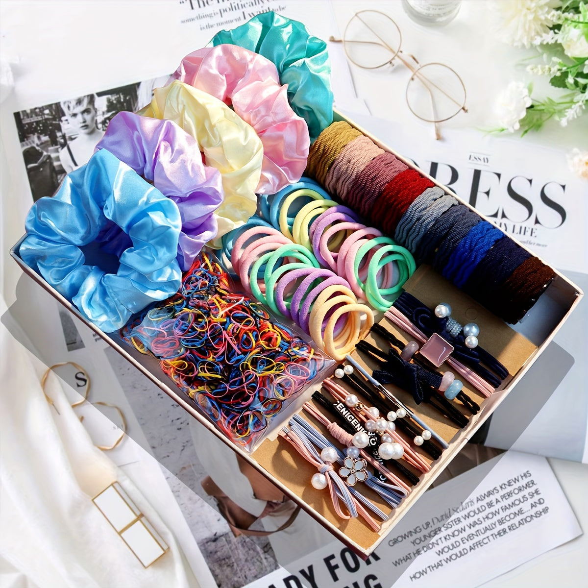 Women's Hair Accessory Set with Scrunchies, Braiding Tools and Headbands