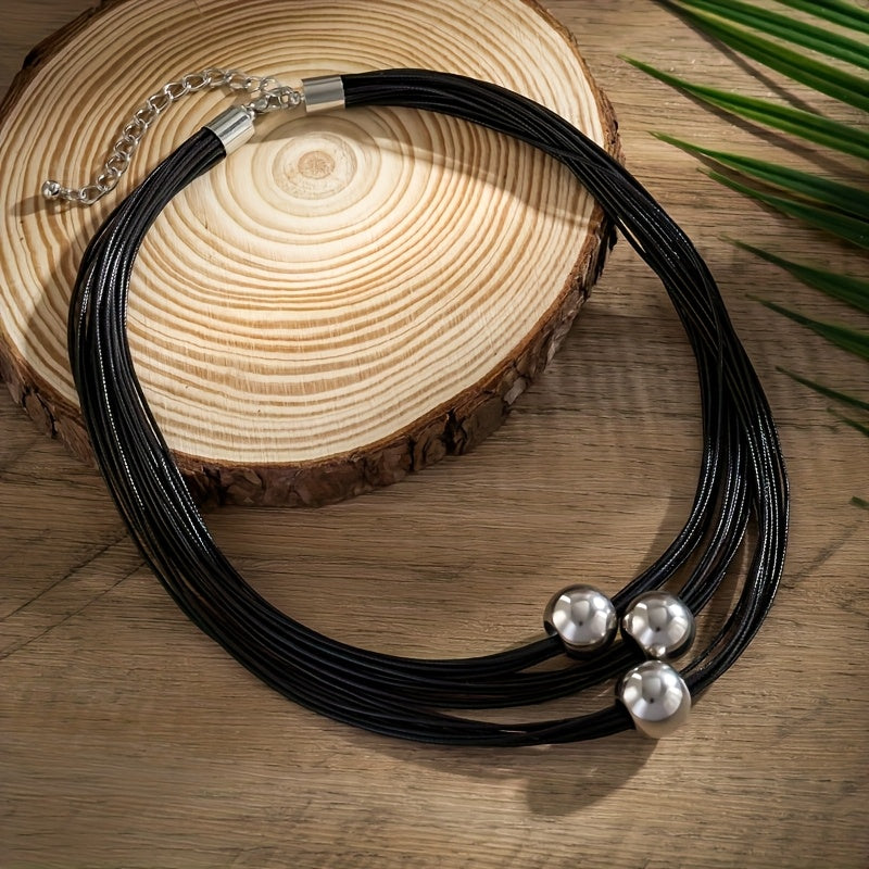 Black Beaded Necklace with Multilayer Design and Metallic Spherical Accents for Parties