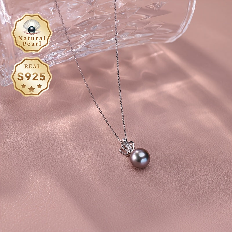 Sterling Silver Necklace with Black Pearl Vintage Crown Design Elegant Jewelry