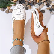 Women's Perforated Synthetic Loafers Slip-On Flats Beige White Cushioned