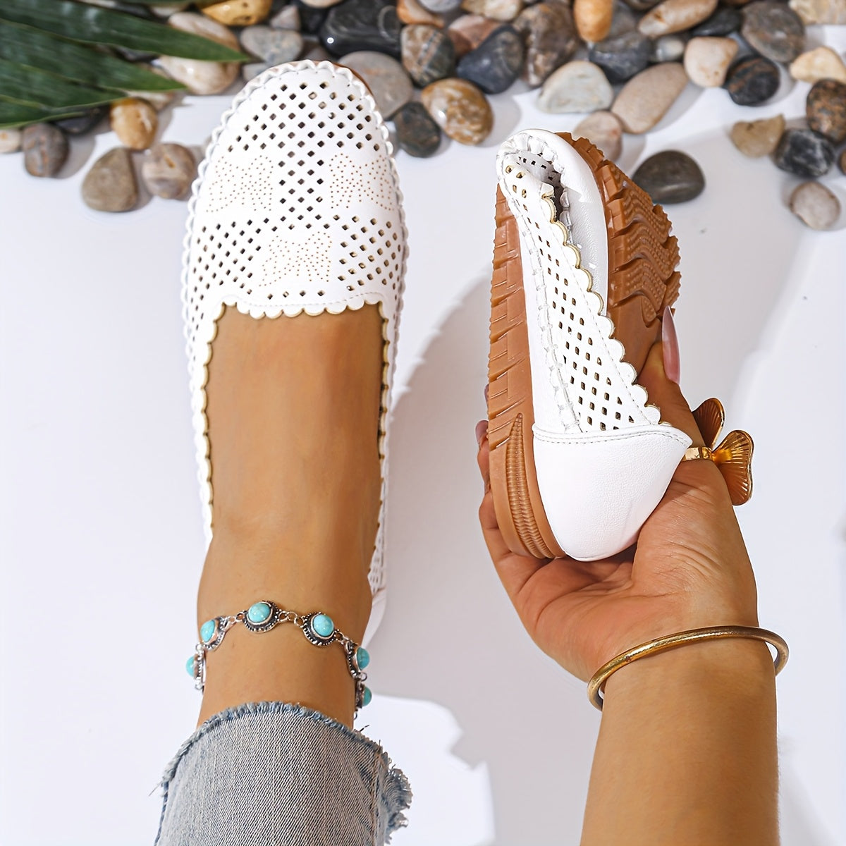 Women's Perforated Synthetic Loafers Slip-On Flats Beige White Cushioned