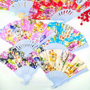 12 Elegant Floral Linen Texture Handheld Fans with Golden Accents and Folding Design