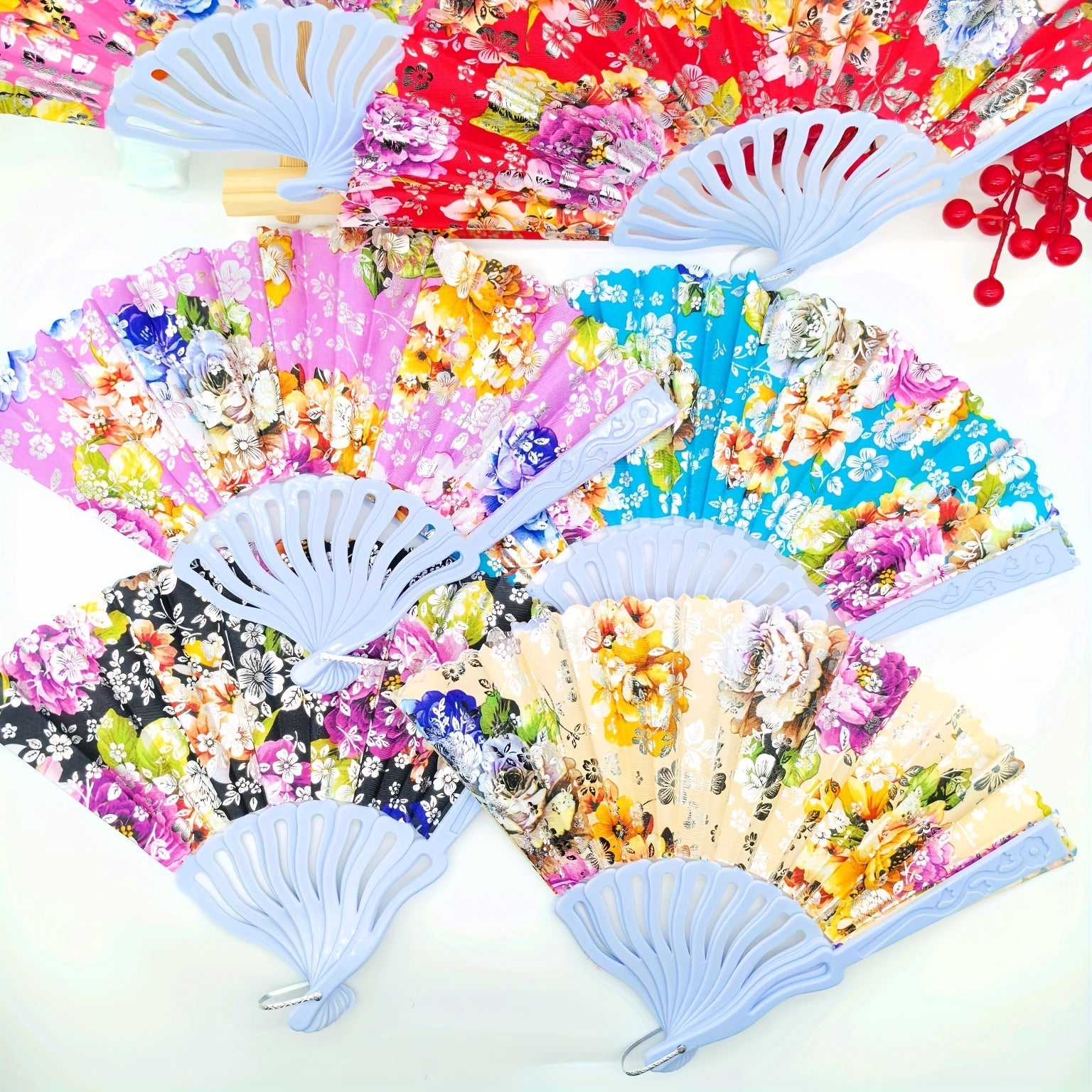 12 Elegant Floral Linen Texture Handheld Fans with Golden Accents and Folding Design