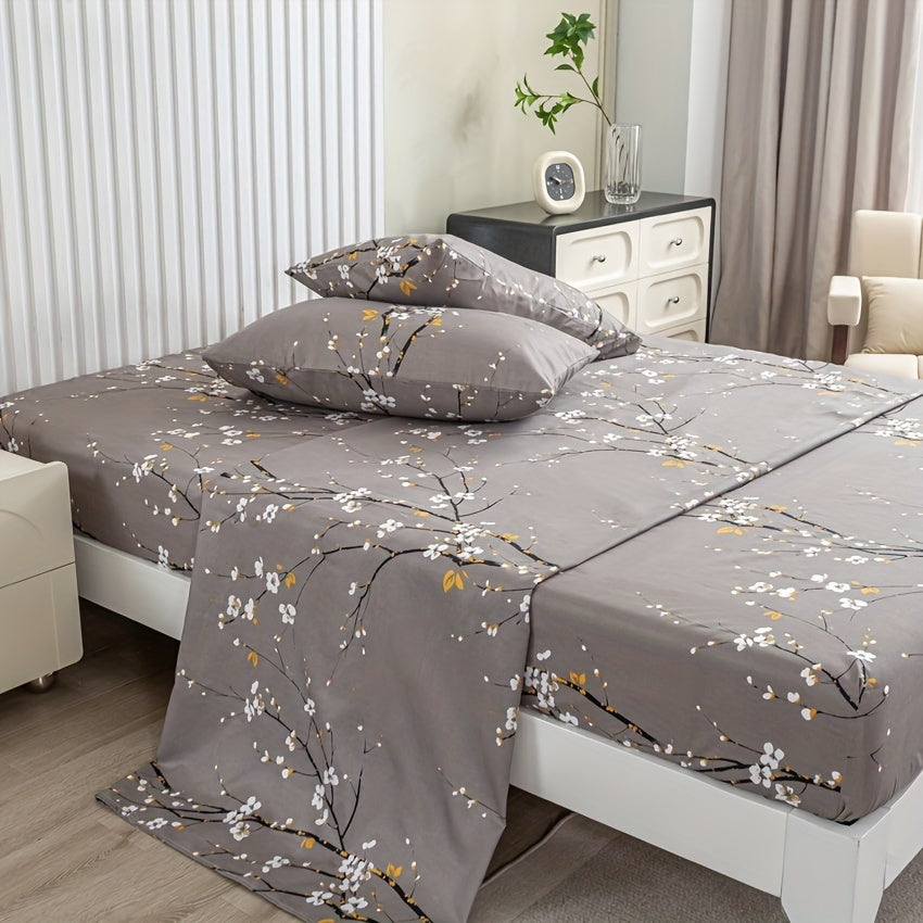 Floral Branch Microfiber Fitted Sheet Set with Deep Pockets and Pillowcases