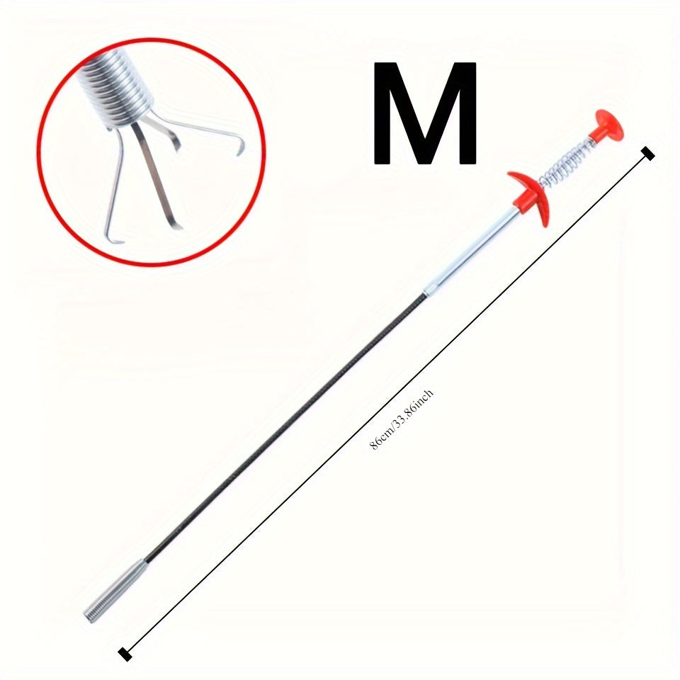 Herramienta flexible para eliminar obstrucciones en desagües de metal con mango rojo para lavabo y inodoro