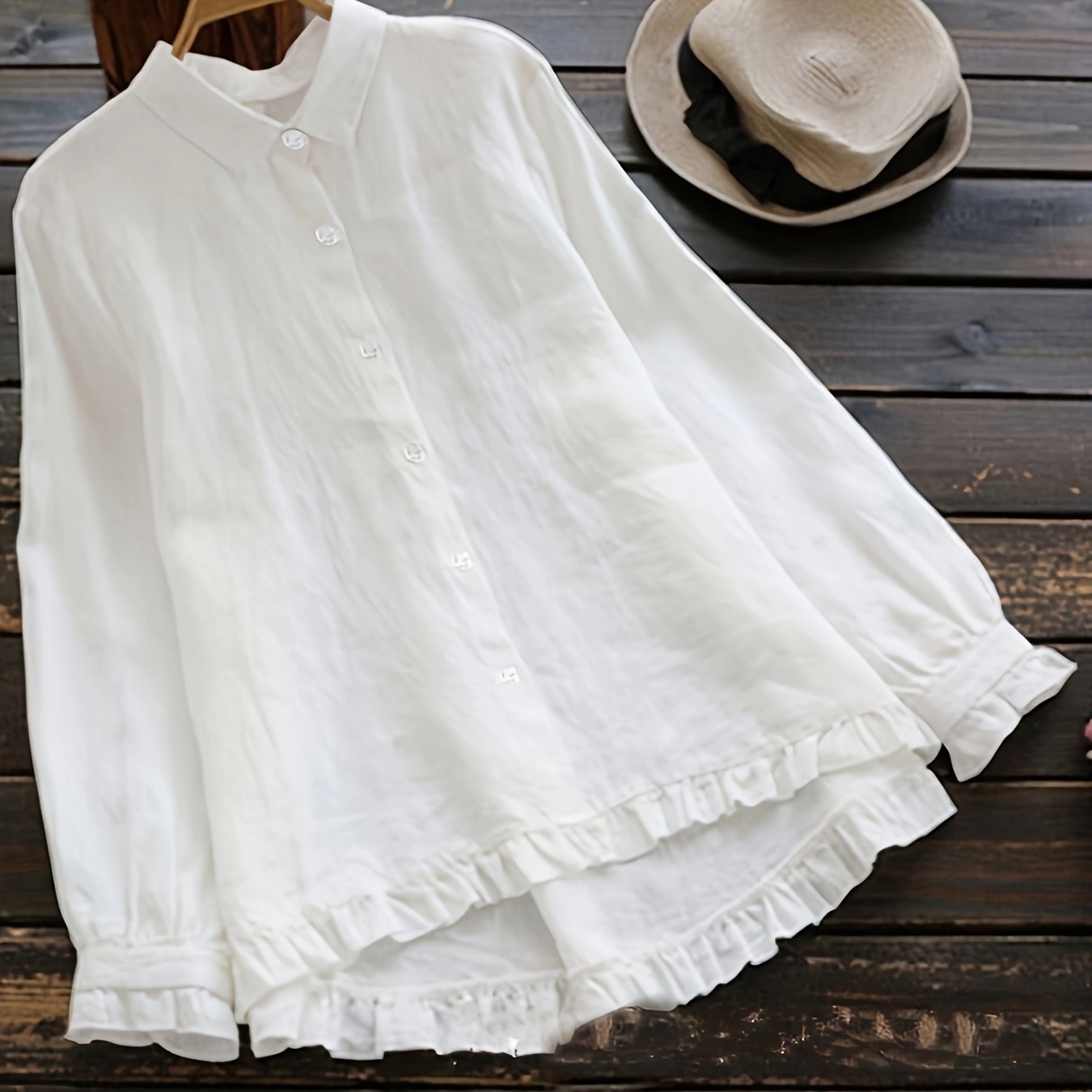 Loose-Fitting Cotton Shirt for Adults with Solid Color, Front Buttons, and Lace Trim