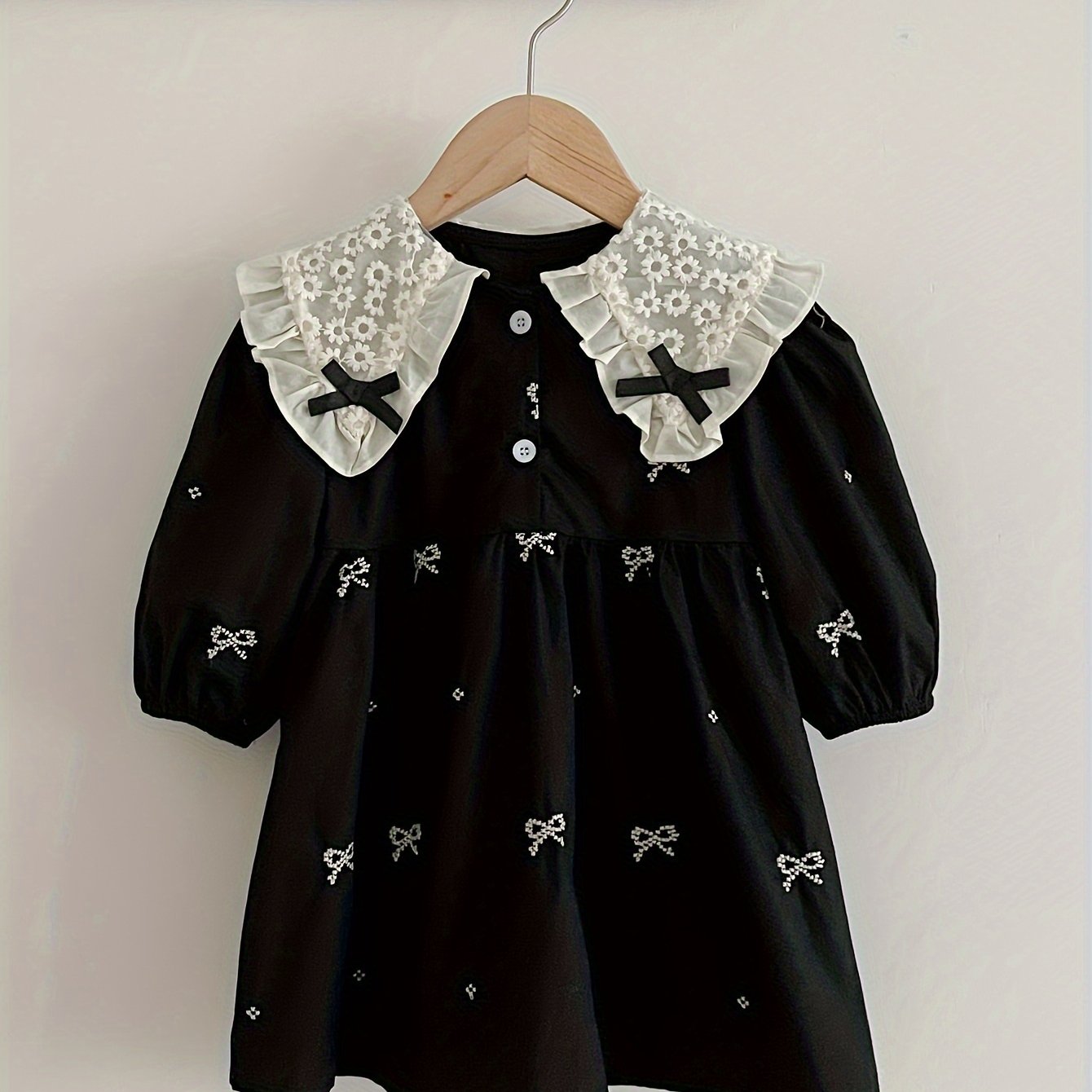 Girls' Navy Blue Cotton Princess Dress with Bow Ruffled Collar and Long Sleeves