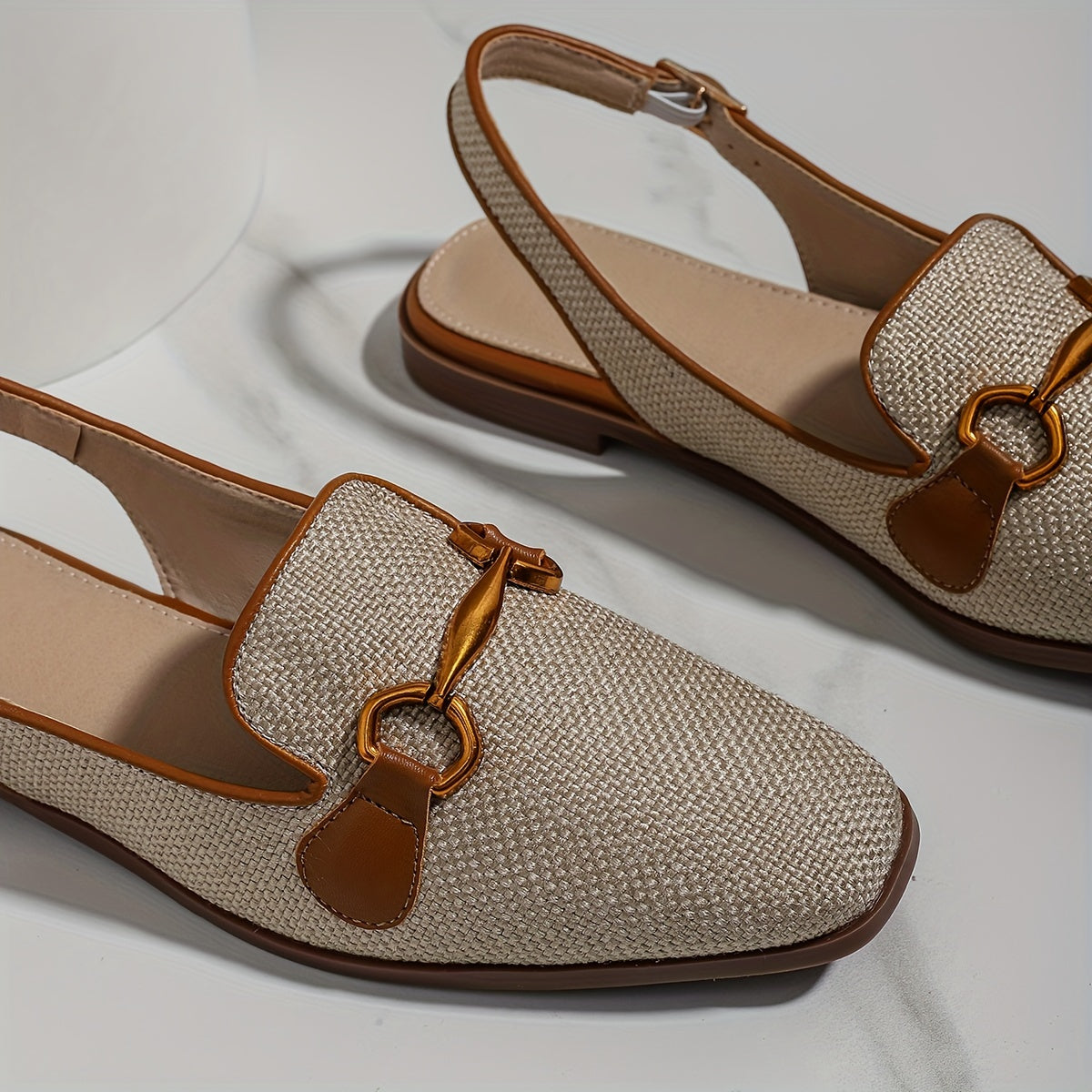 Women's Brown Linen Square Toe Summer Sandals with Metal Buckle