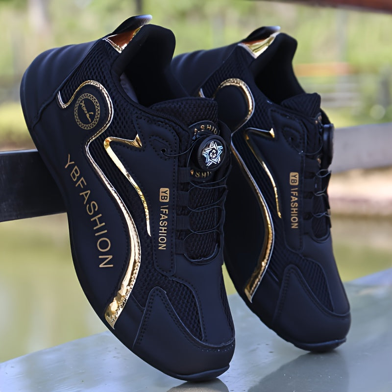 Men's White Mesh Athletic Sneakers with Rubber Sole and Gold Accents