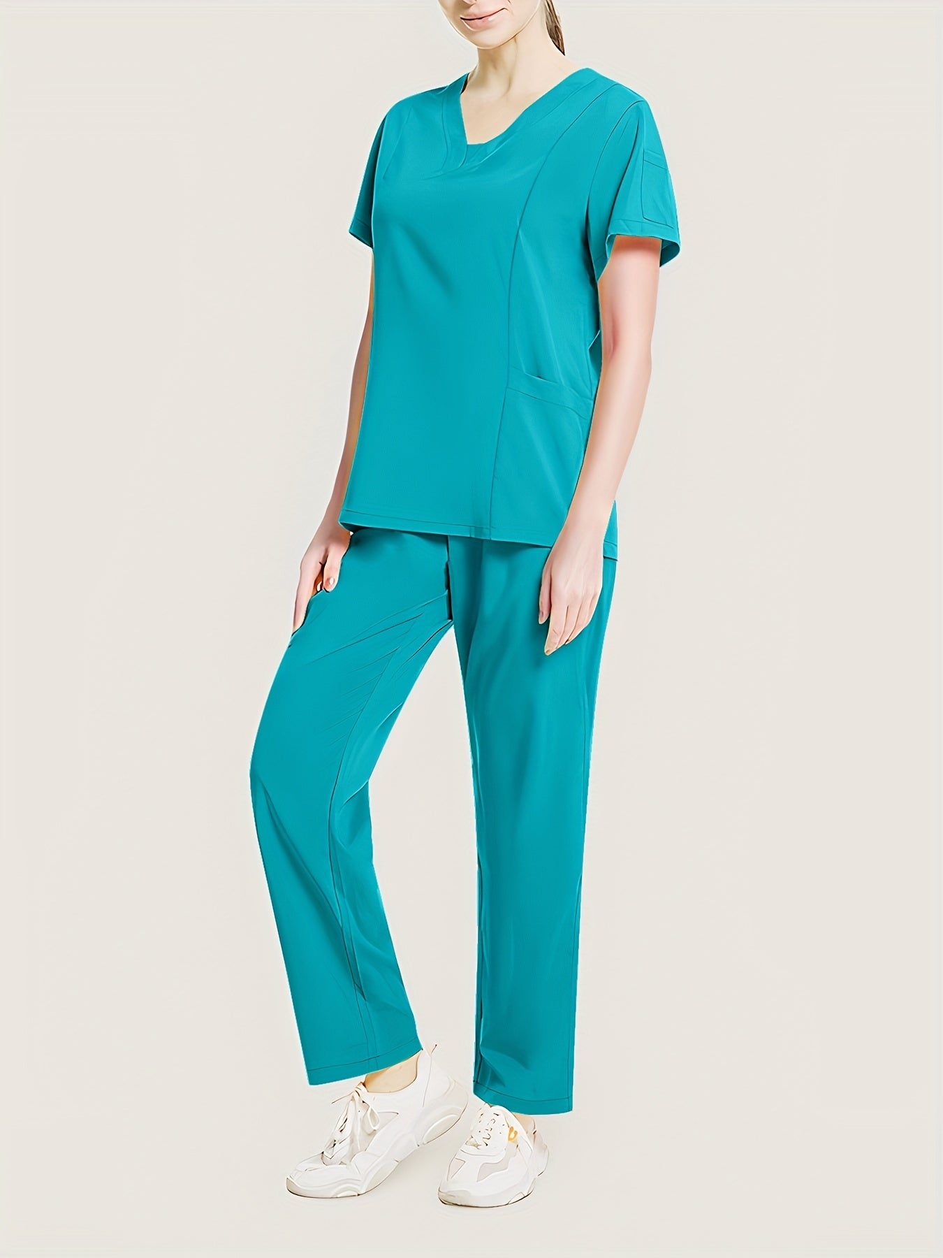 Women's Scrub Set V-Neck Top and Drawstring Pants Breathable Polyester Spandex Medical Uniform